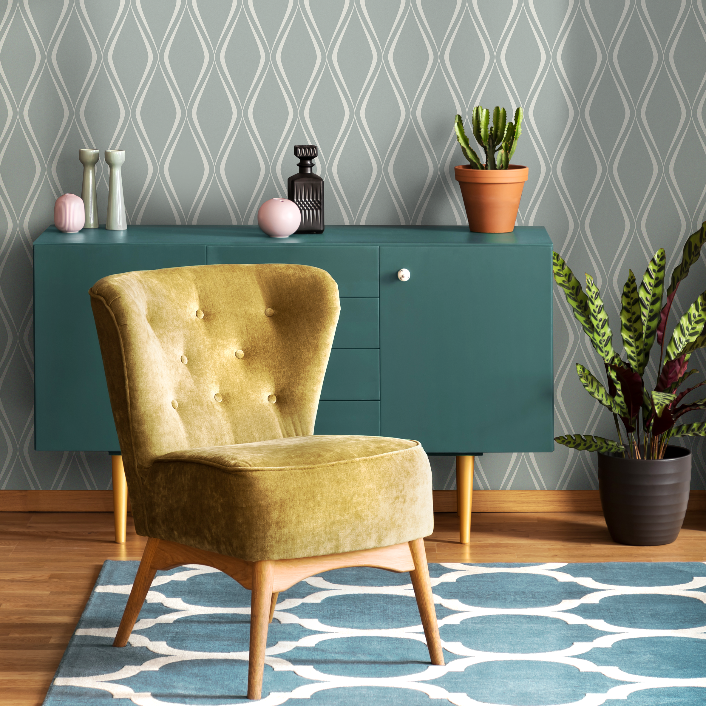 Geometric Wallpaper With A Flowing Wave Motif In Green And White - C616