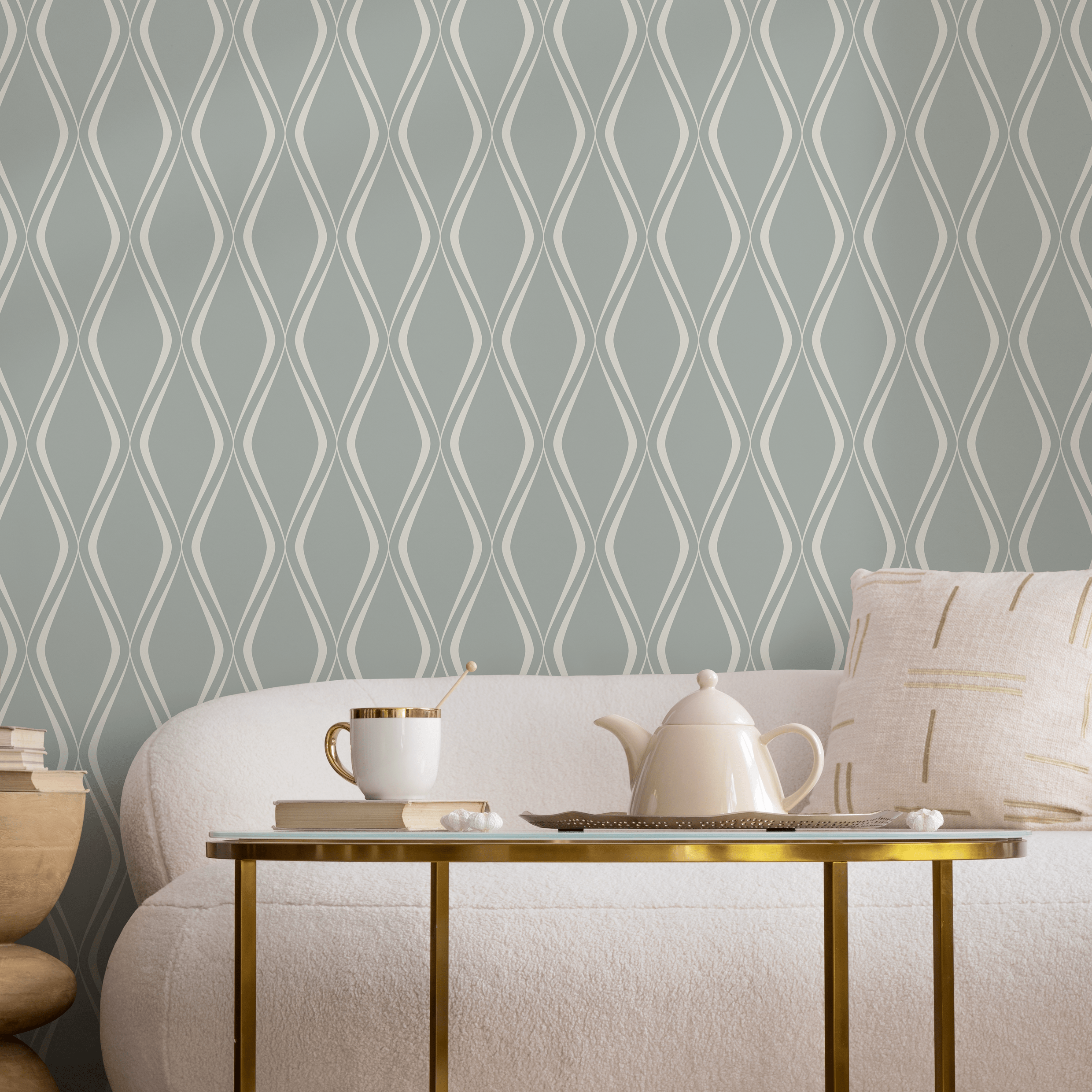 Geometric Wallpaper With A Flowing Wave Motif In Green And White - C616