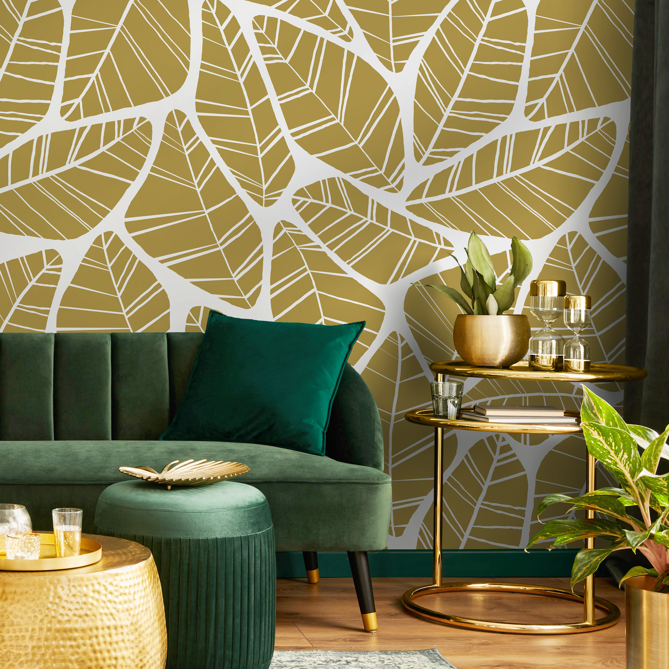 Botanical Wallpaper With A Graphic Leaf Motif In Mustard And White - C619