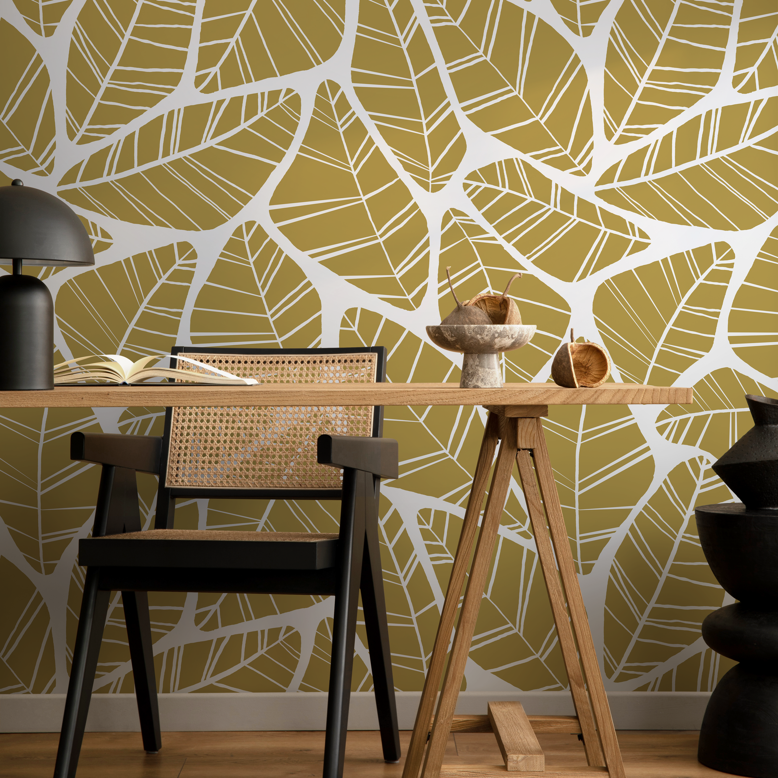 Botanical Wallpaper With A Graphic Leaf Motif In Mustard And White - C619