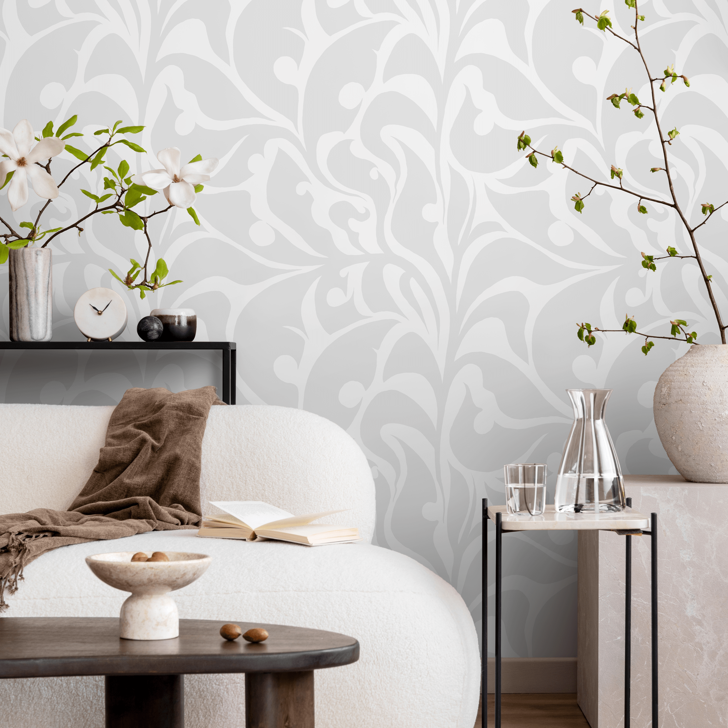Art Nouveau Wallpaper With An Elegant Scroll Motif In Light Gray And Off-white - C620