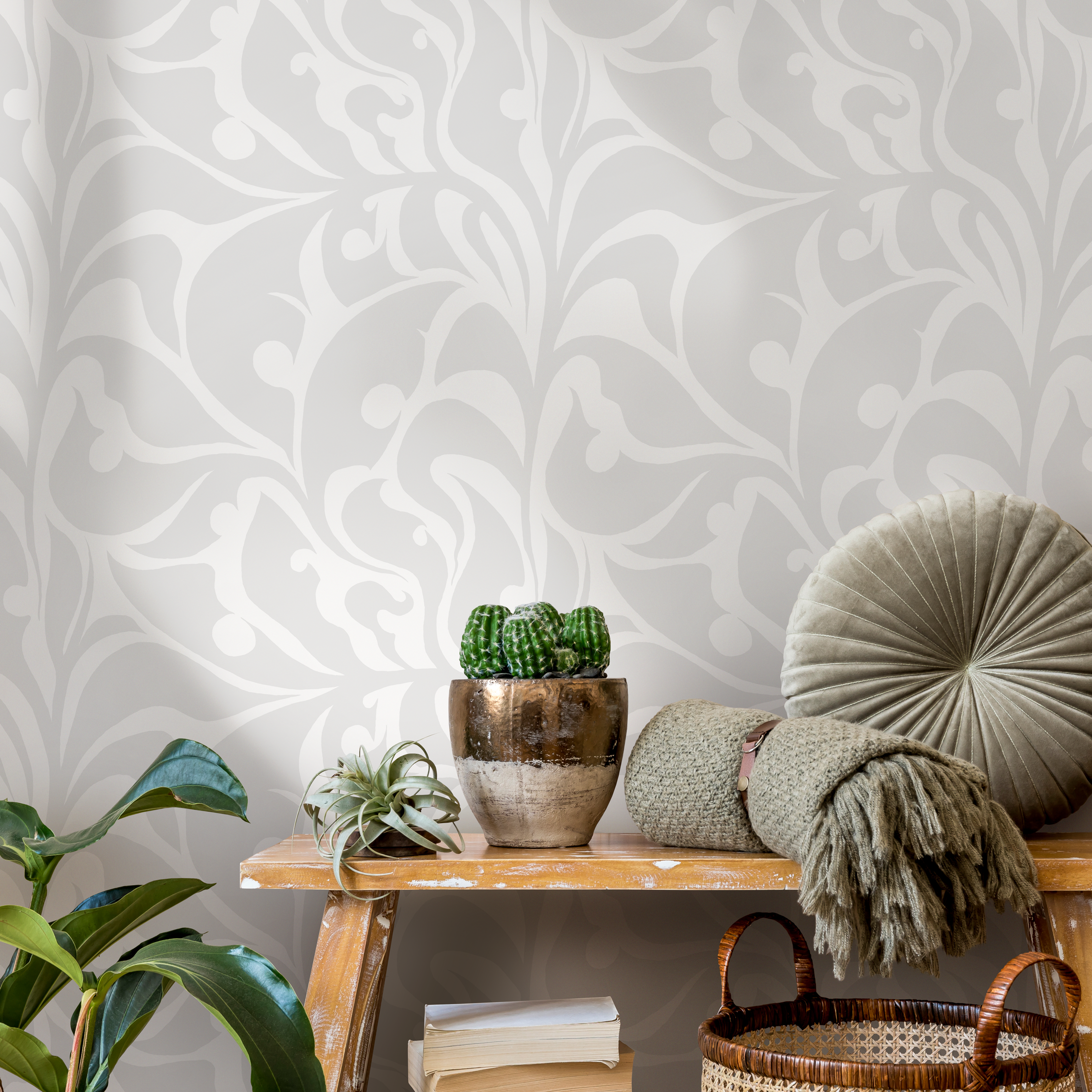 Art Nouveau Wallpaper With An Elegant Scroll Motif In Light Gray And Off-white - C620
