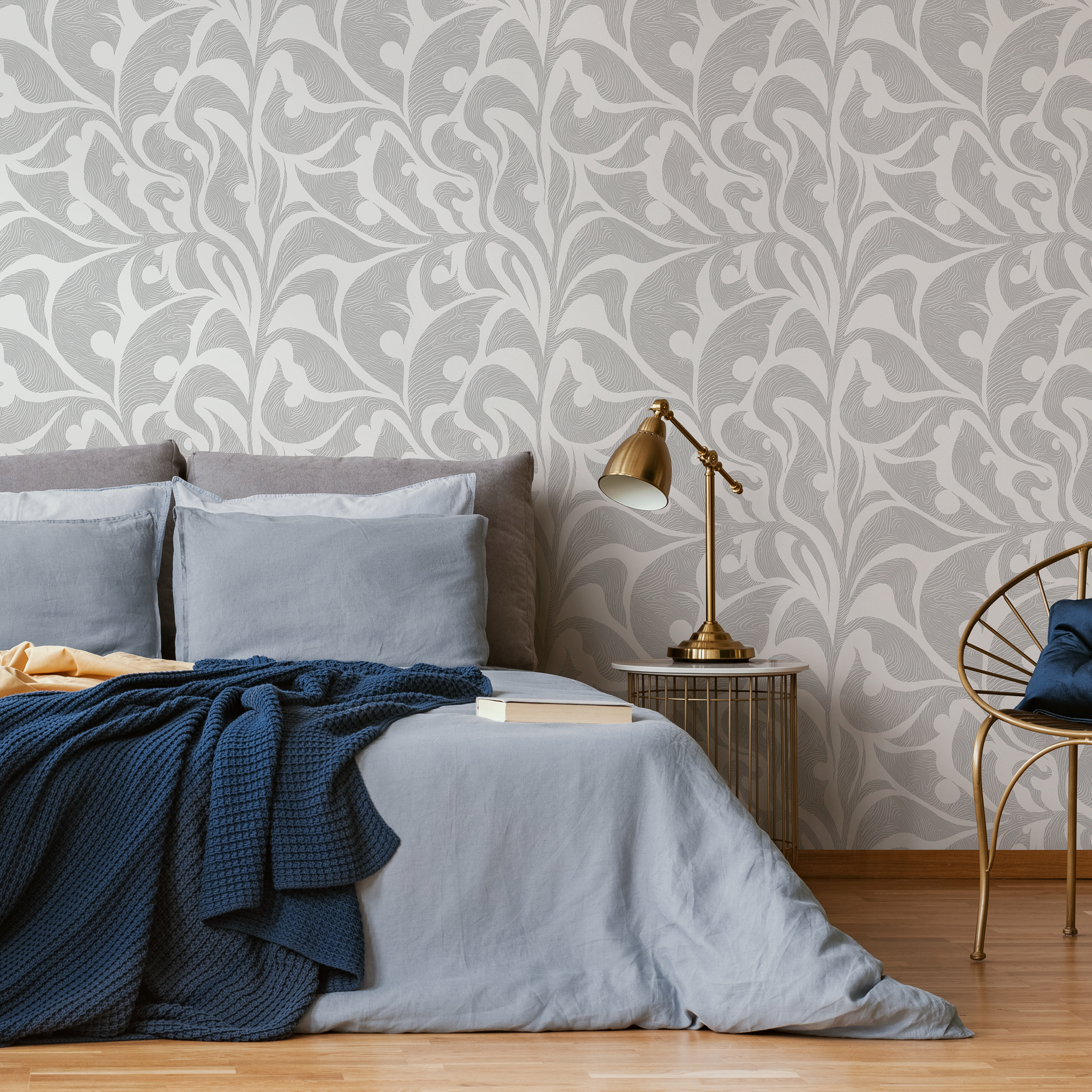 Art Nouveau Wallpaper With Swirling Abstract Foliage In Light Gray And Gray - C621