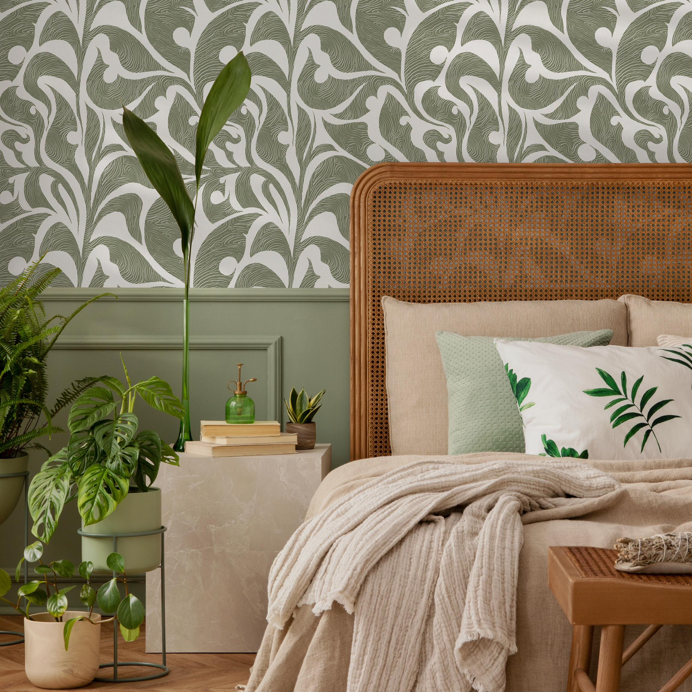 Art Nouveau Wallpaper With Swirling Leaf Motifs In Sage Green - C622