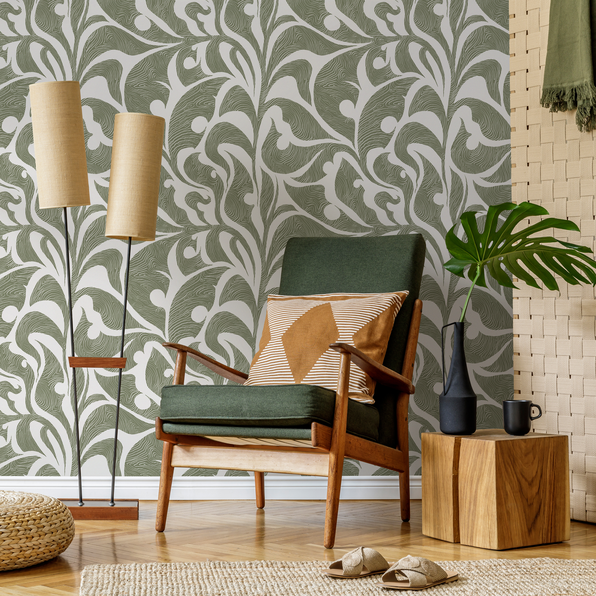 Art Nouveau Wallpaper With Swirling Leaf Motifs In Sage Green - C622