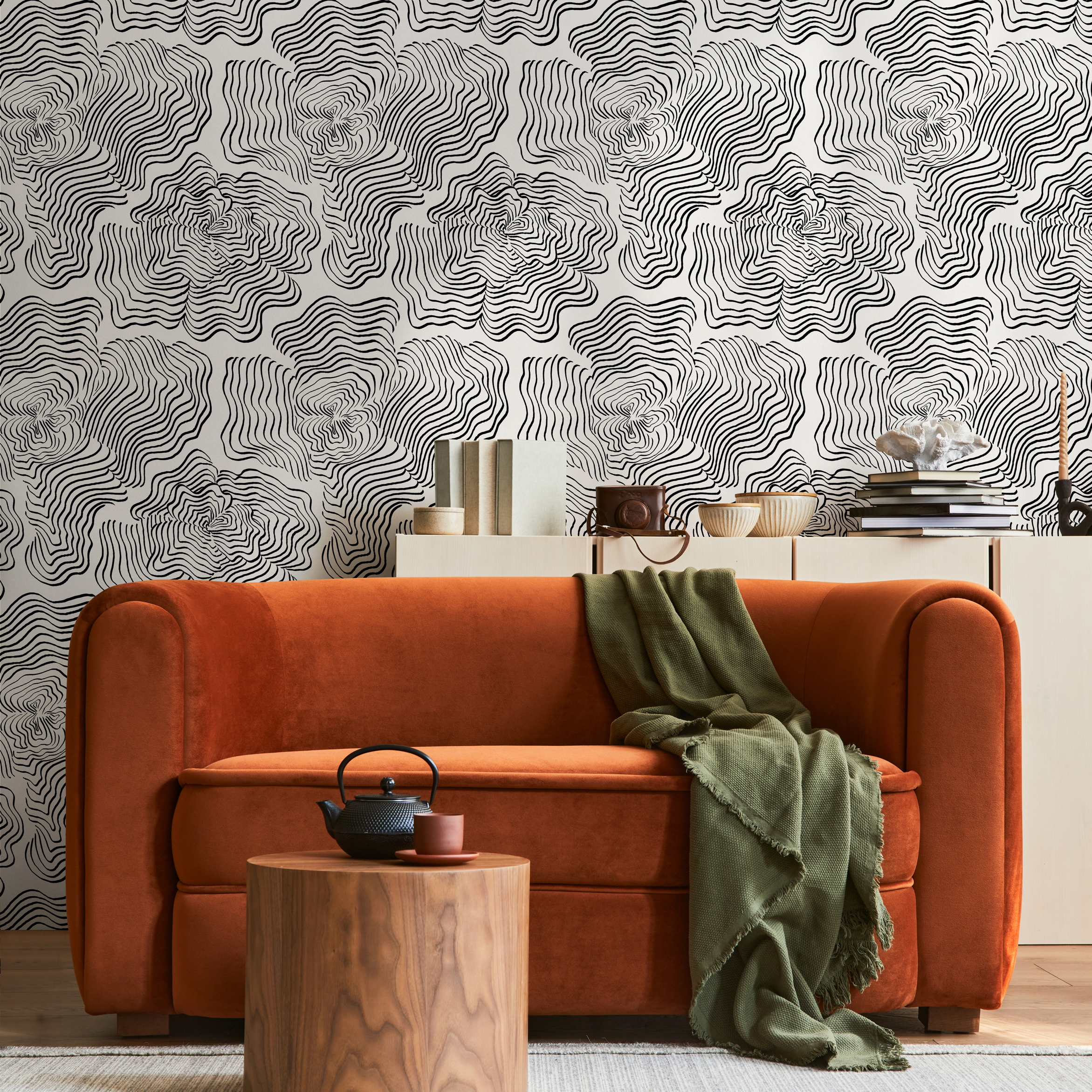 Abstract Wallpaper With Wavy Concentric Lines In Black And White - C628