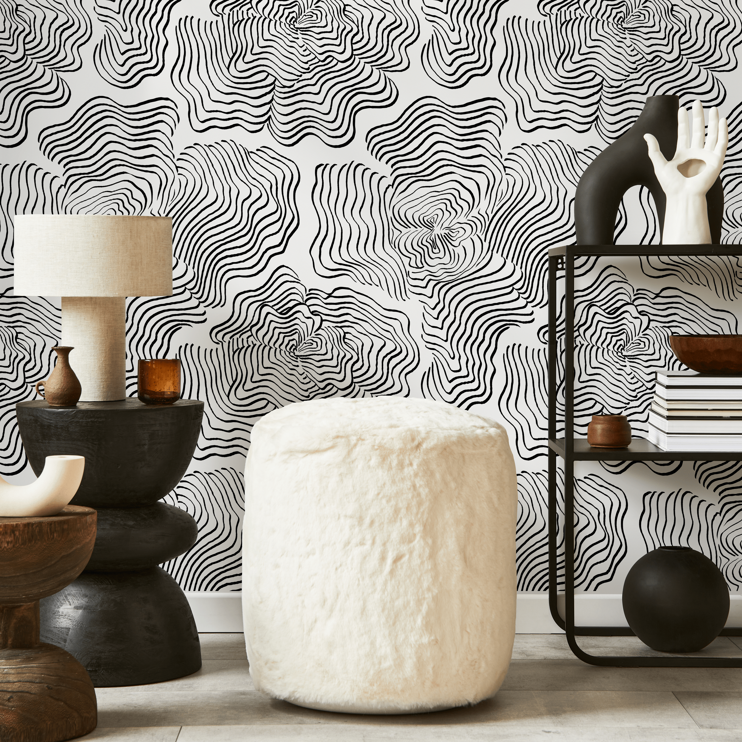 Abstract Wallpaper With Wavy Concentric Lines In Black And White - C628