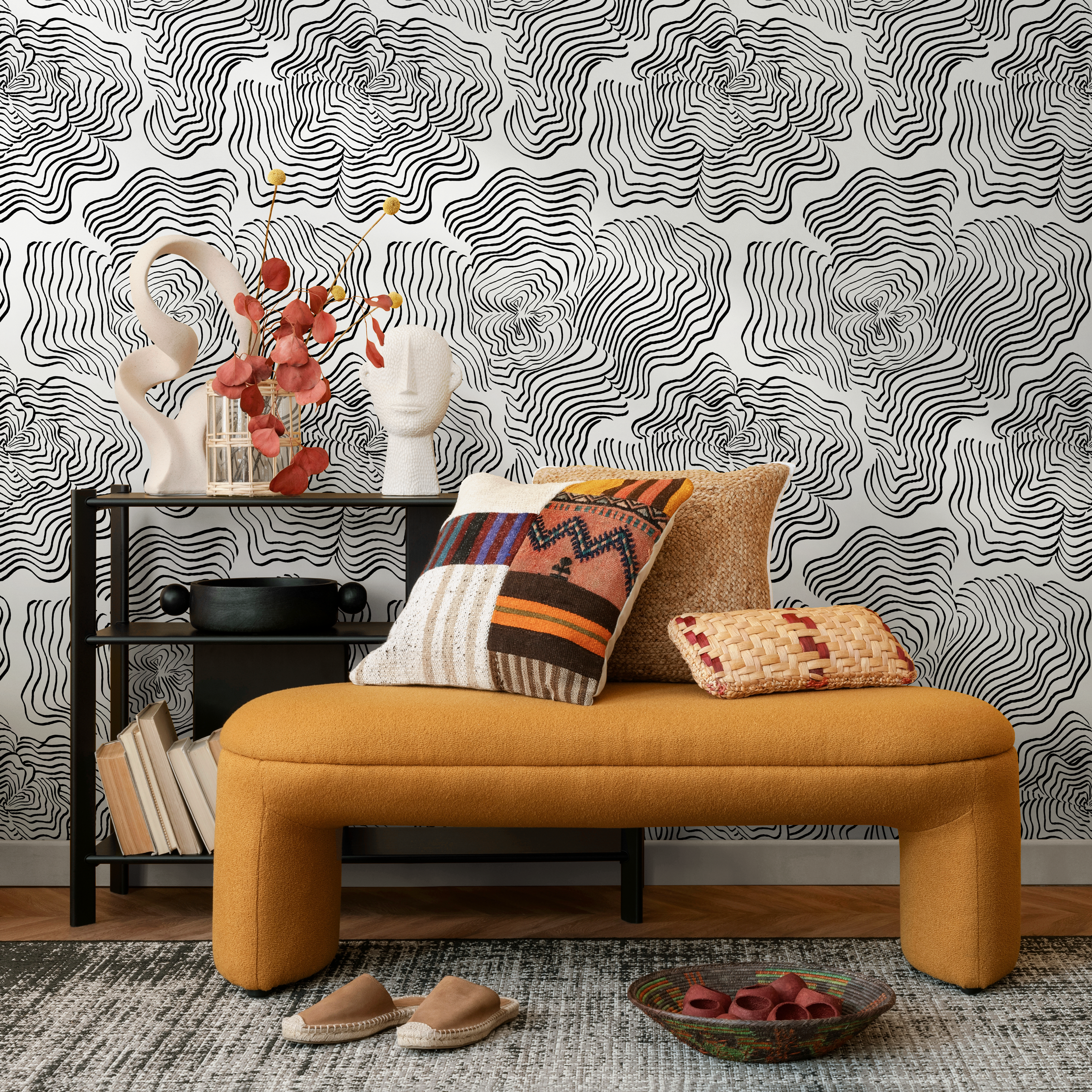 Abstract Wallpaper With Wavy Concentric Lines In Black And White - C628