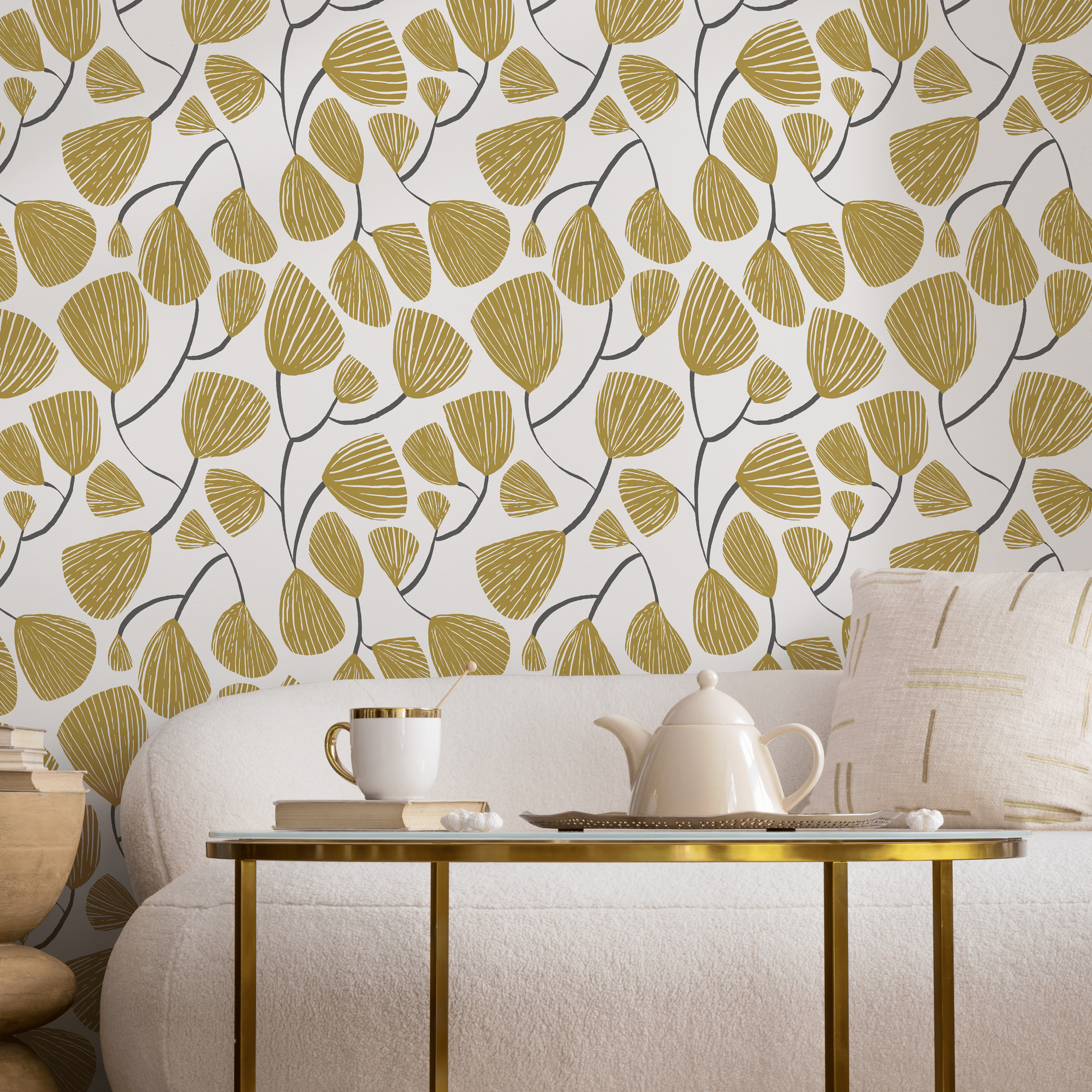 Botanical Wallpaper With Stylized Ginkgo Leaves In Yellow And Gray - C631