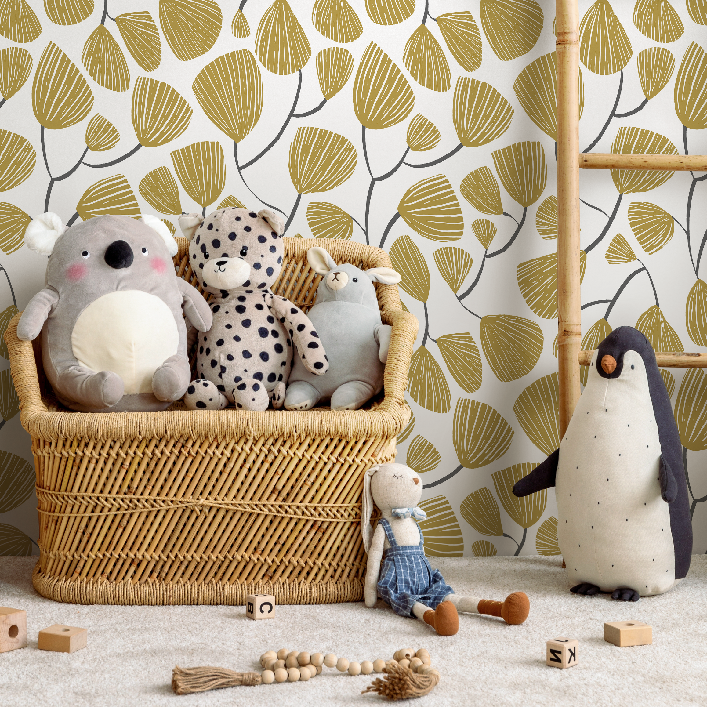 Botanical Wallpaper With Stylized Ginkgo Leaves In Yellow And Gray - C631