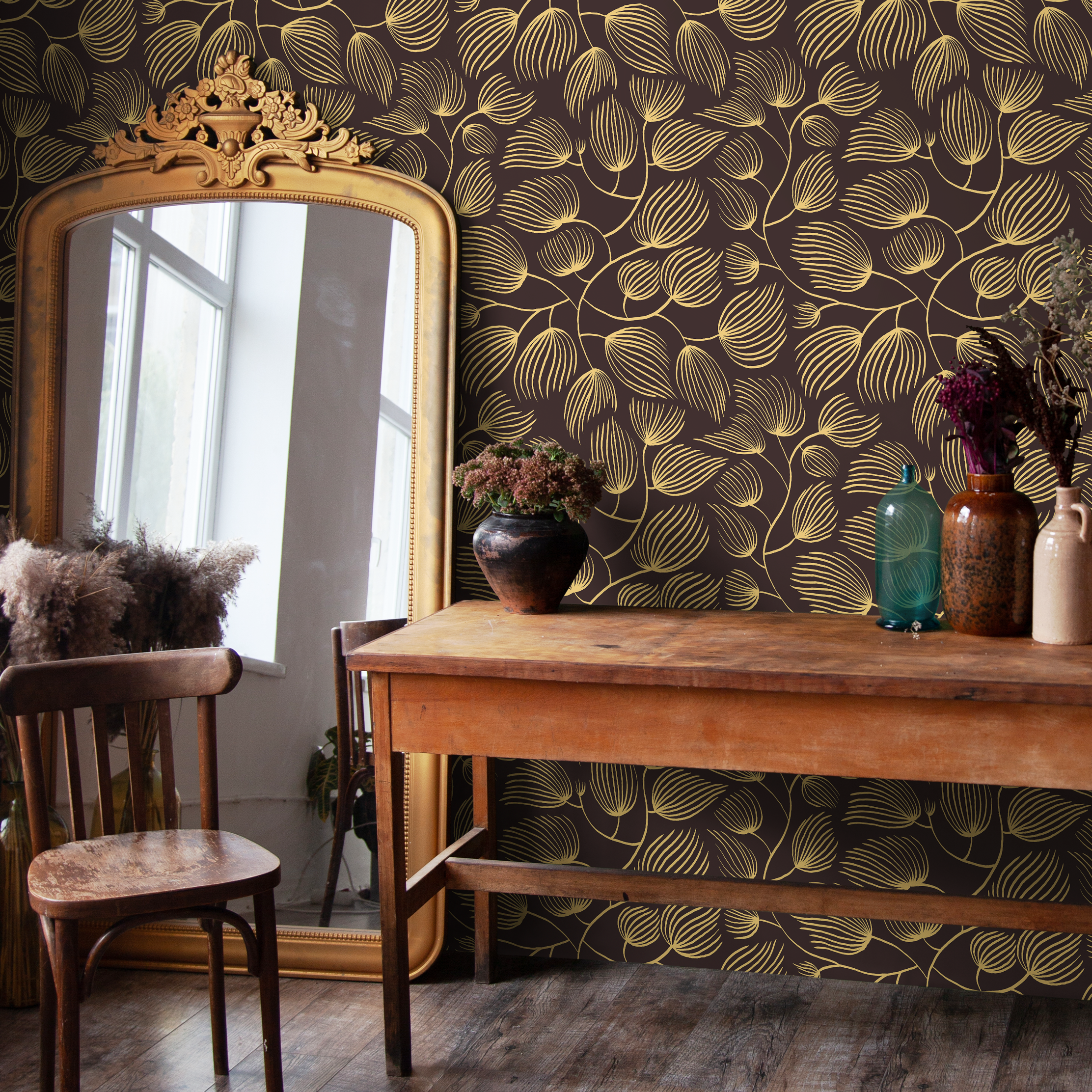 Floral Wallpaper With A Stylized Leaf Motif In Yellow And Brown - C639