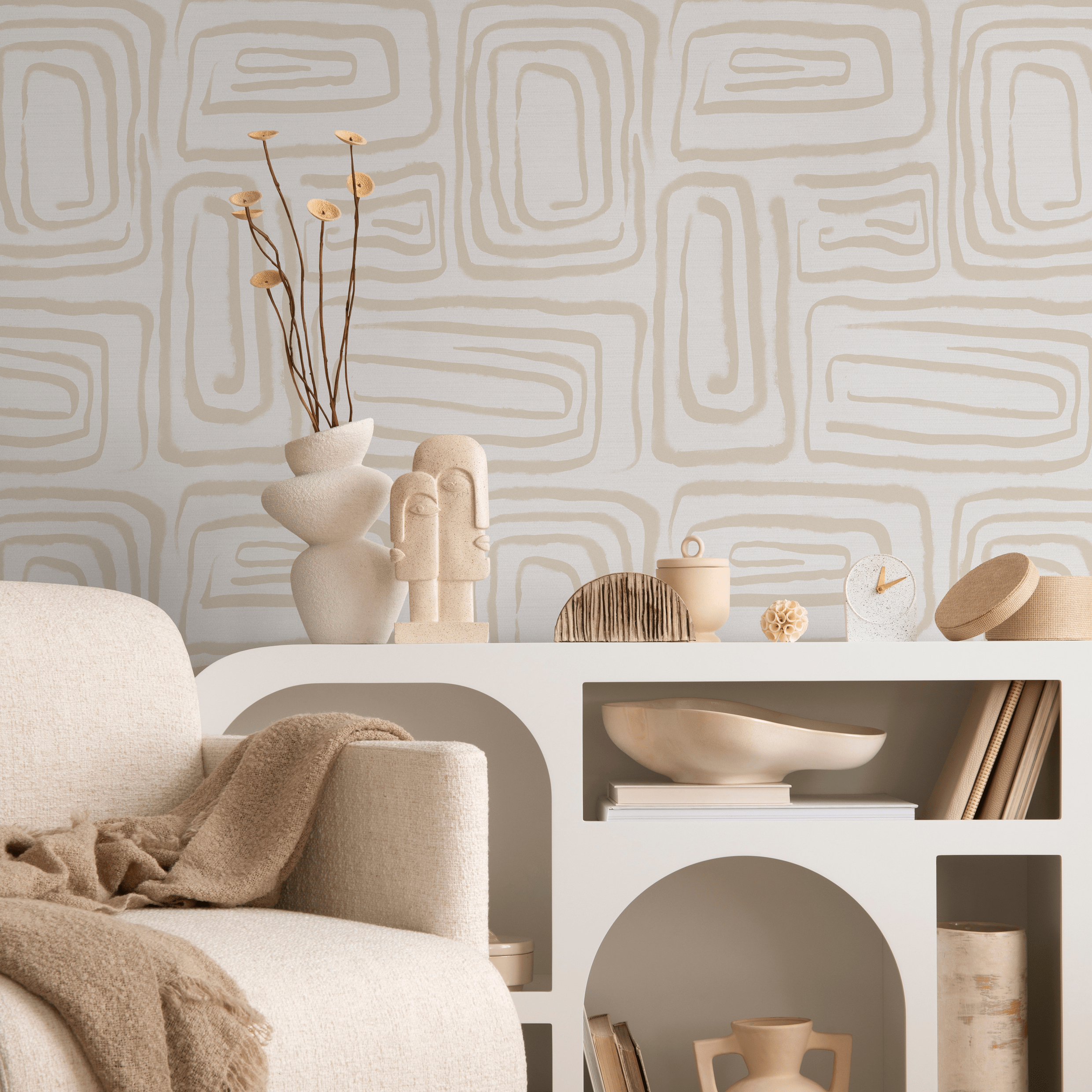 Abstract Wallpaper With A Brush Stroke Labyrinth In Beige - C641