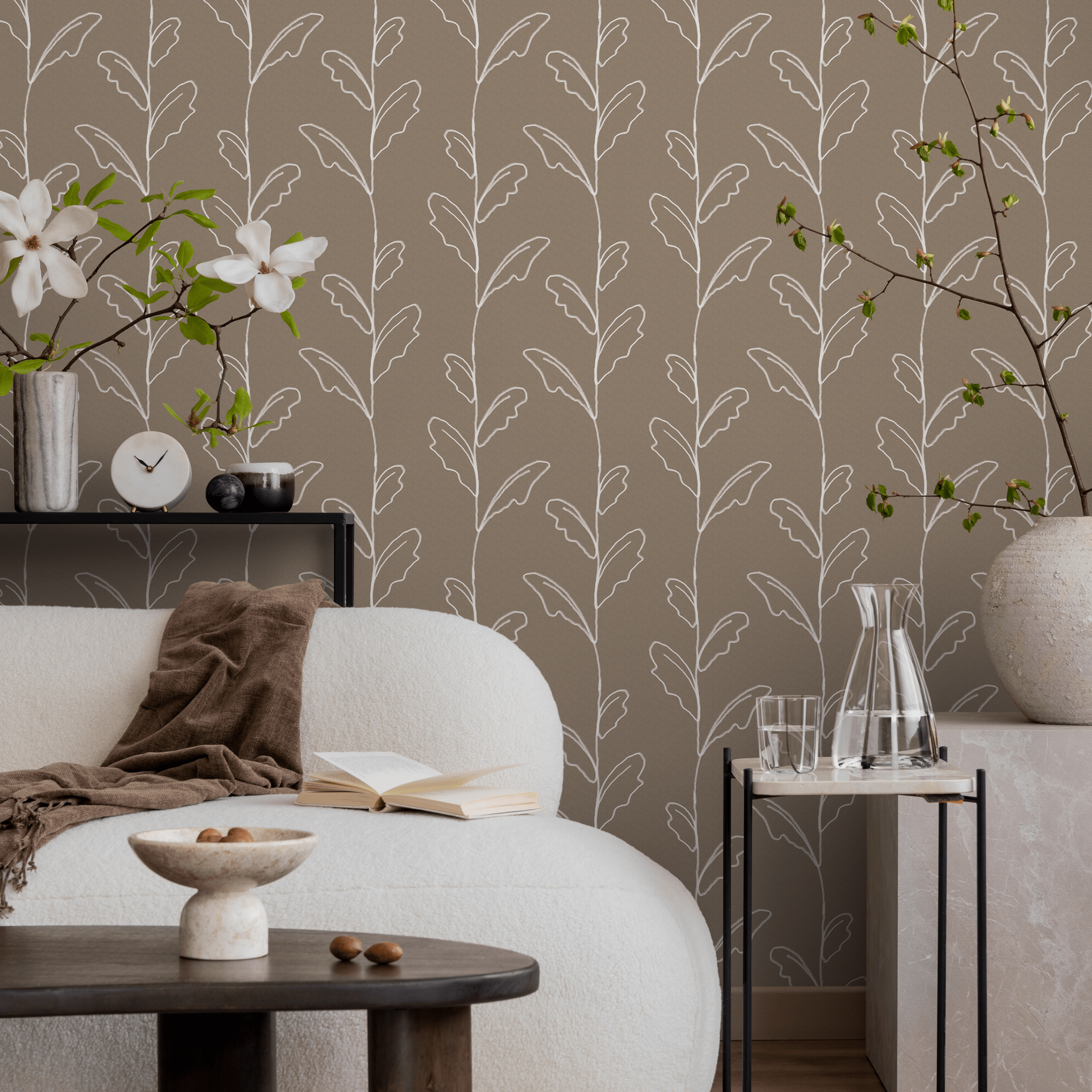 Botanical Wallpaper With Sketched Leaf Vines In Beige And White - C643