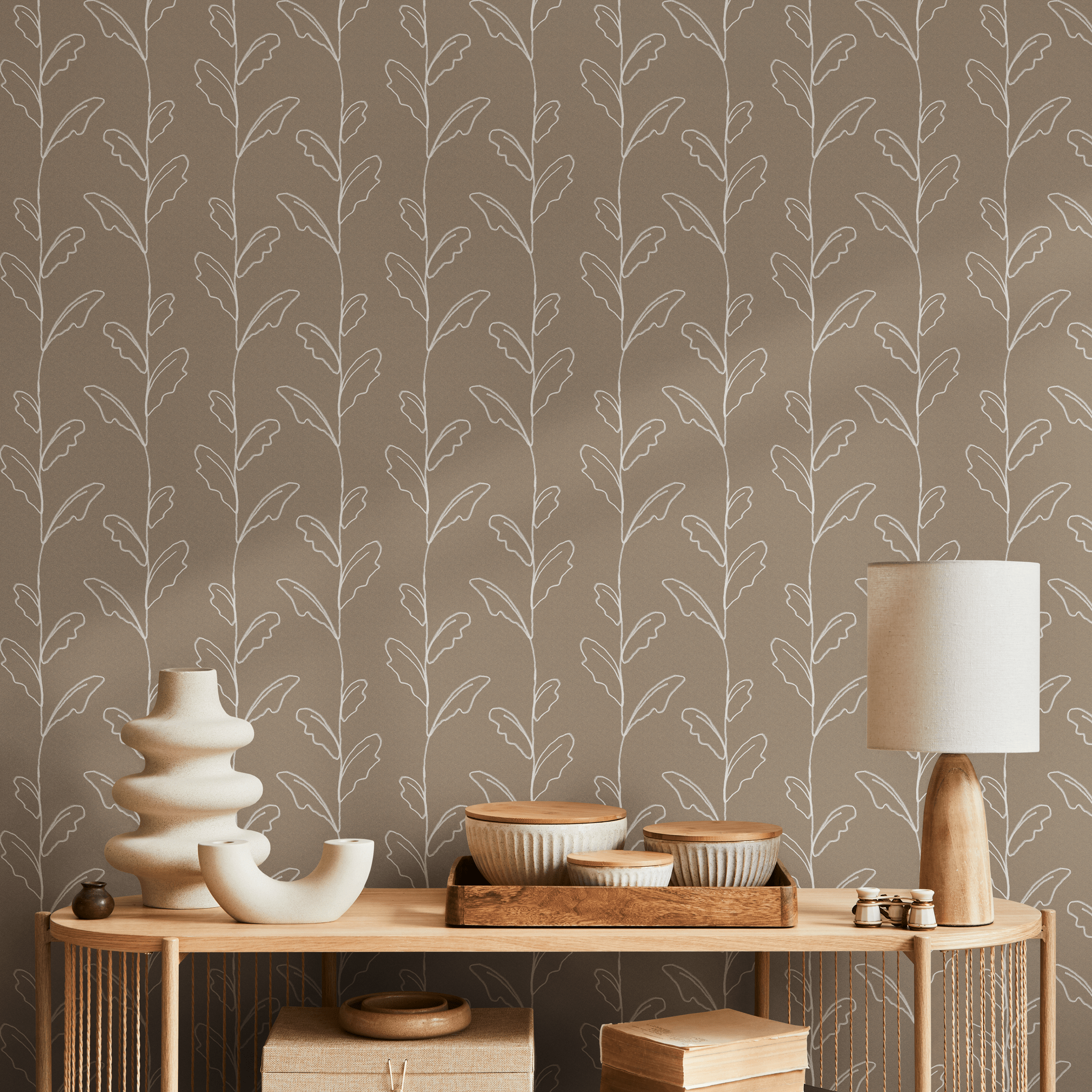 Botanical Wallpaper With Sketched Leaf Vines In Beige And White - C643