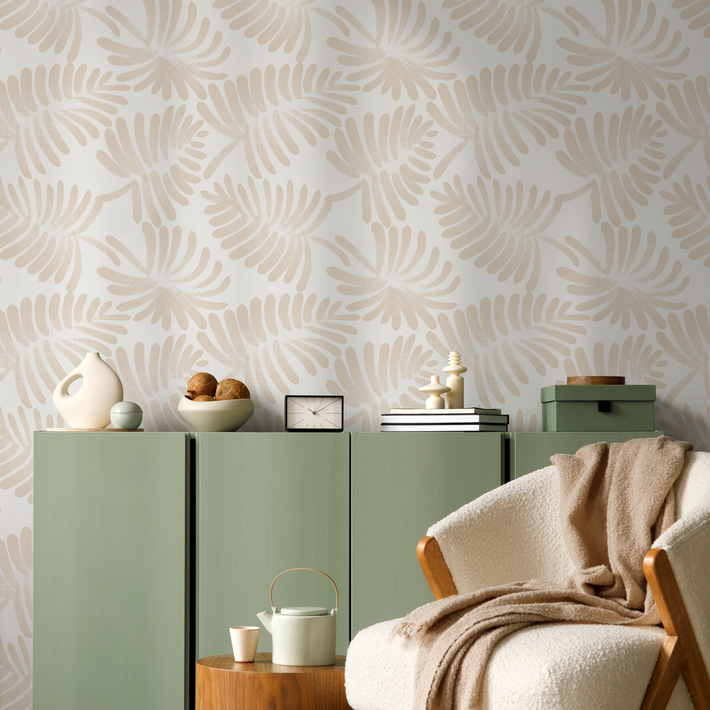 Botanical Wallpaper With A Stylized Leaf Motif In Beige - C647