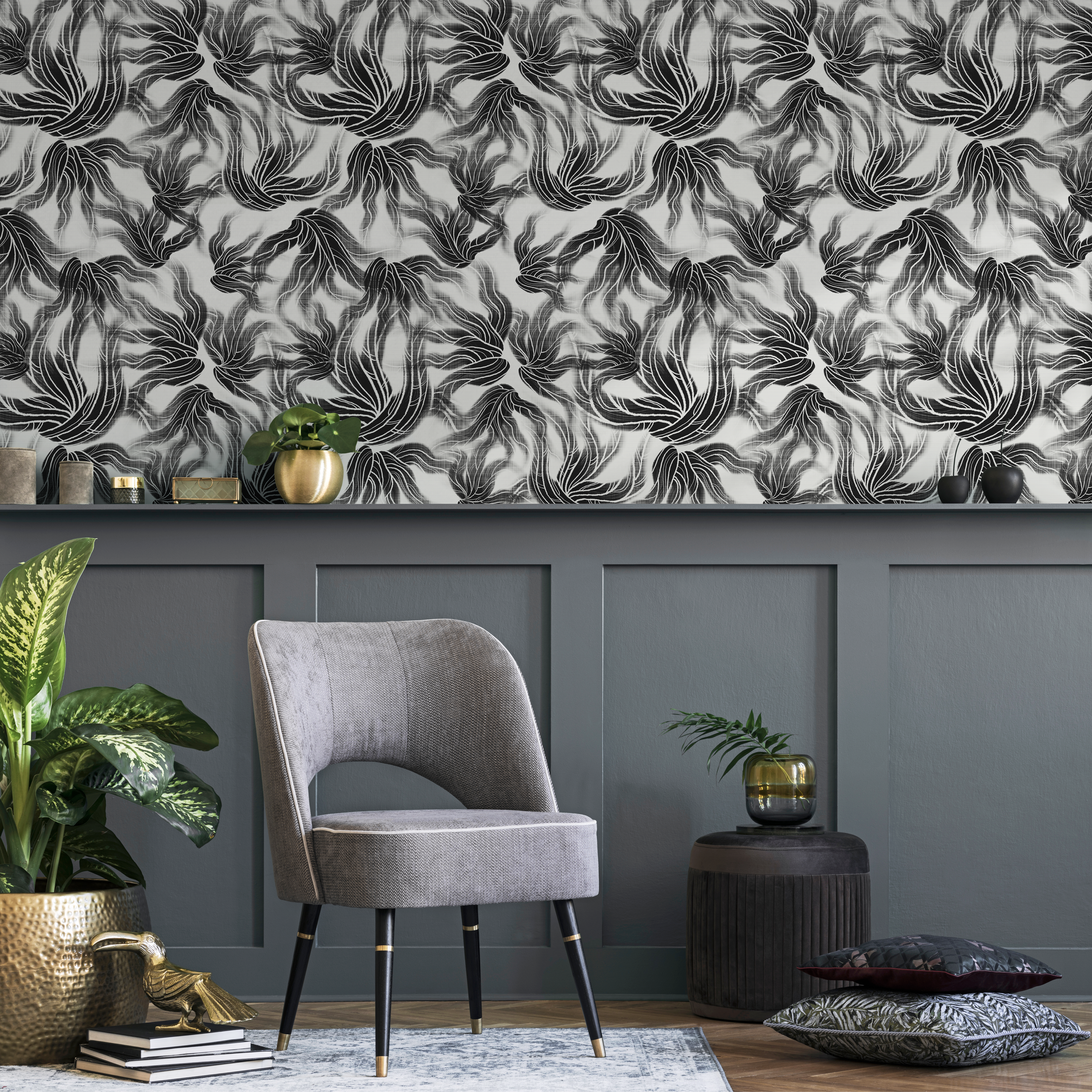 Abstract Wallpaper With Flowing Organic Lines In Black And White - C648