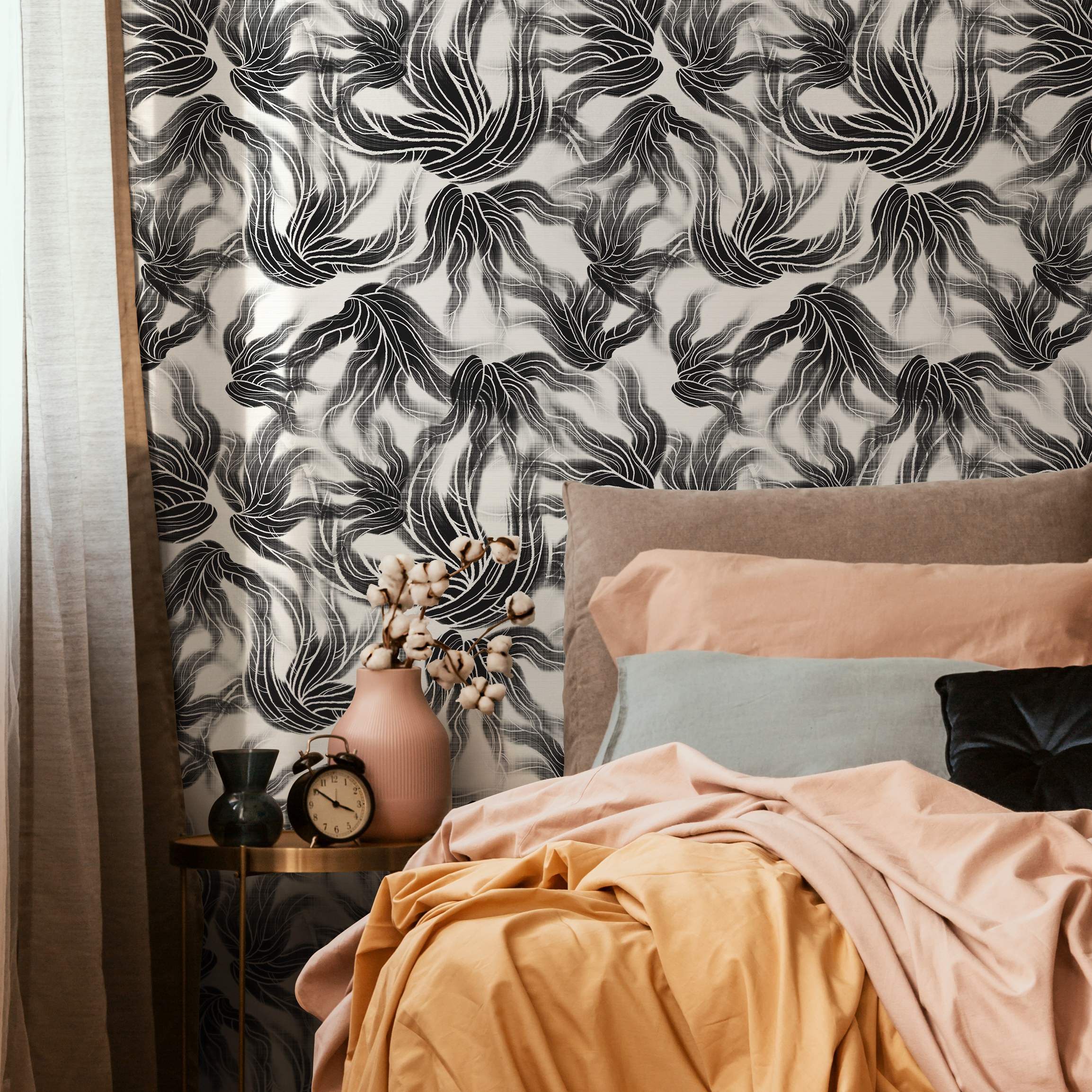 Abstract Wallpaper With Flowing Organic Lines In Black And White - C648