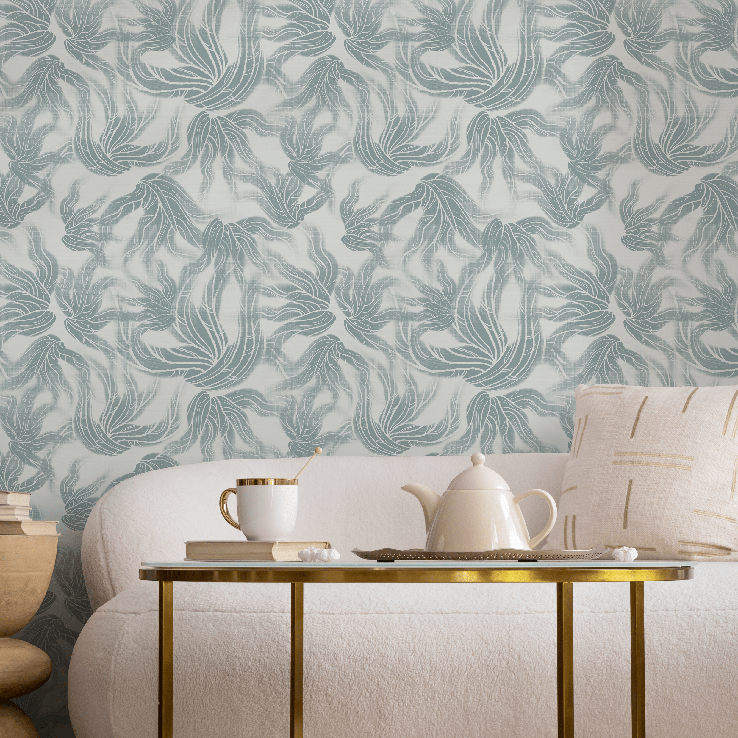 Abstract Wallpaper With Flowing Organic Shapes In Light Blue And White - C649
