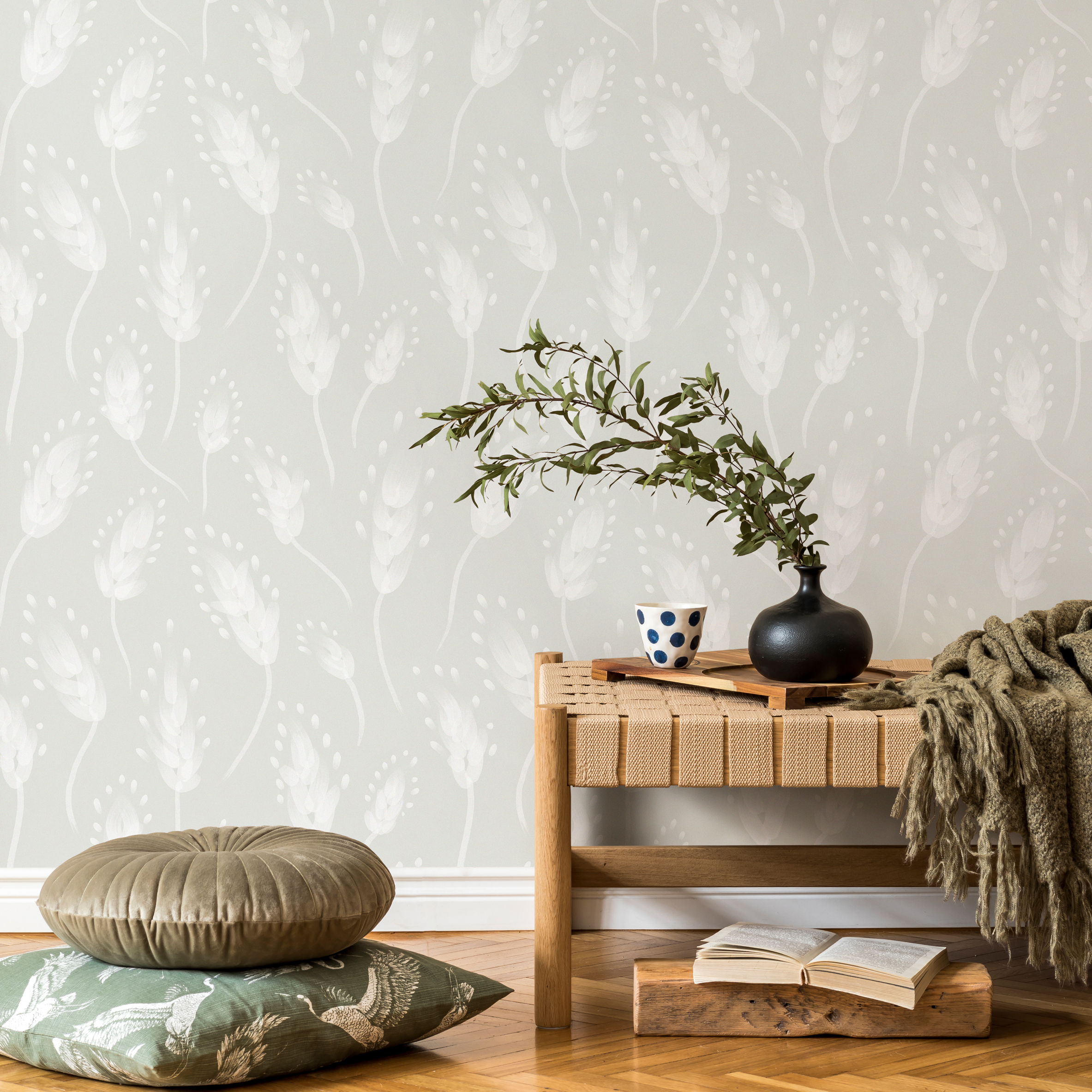 Botanical Wallpaper With A Soft Wheat Motif In Mint Green And White - C651