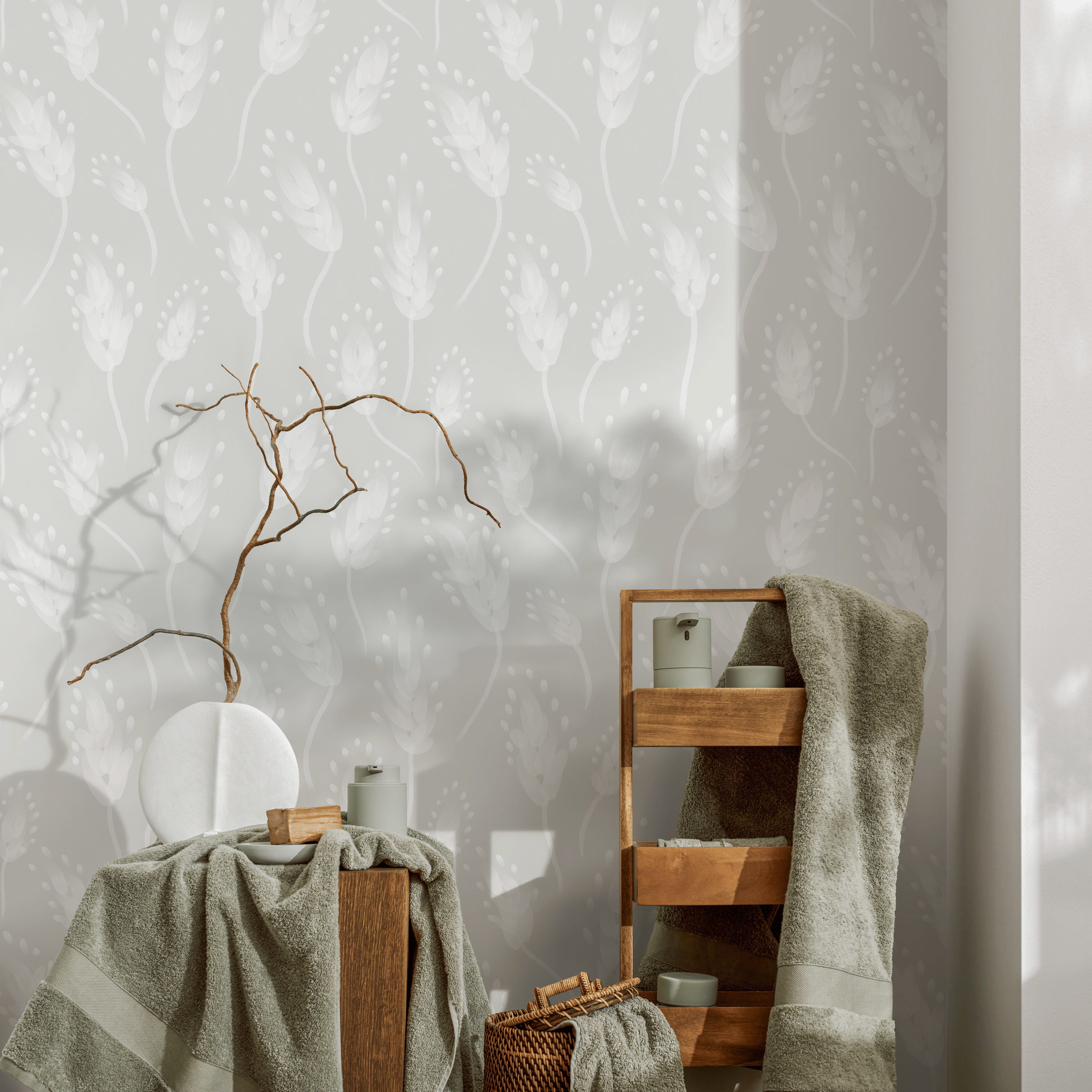 Botanical Wallpaper With A Soft Wheat Motif In Mint Green And White - C651