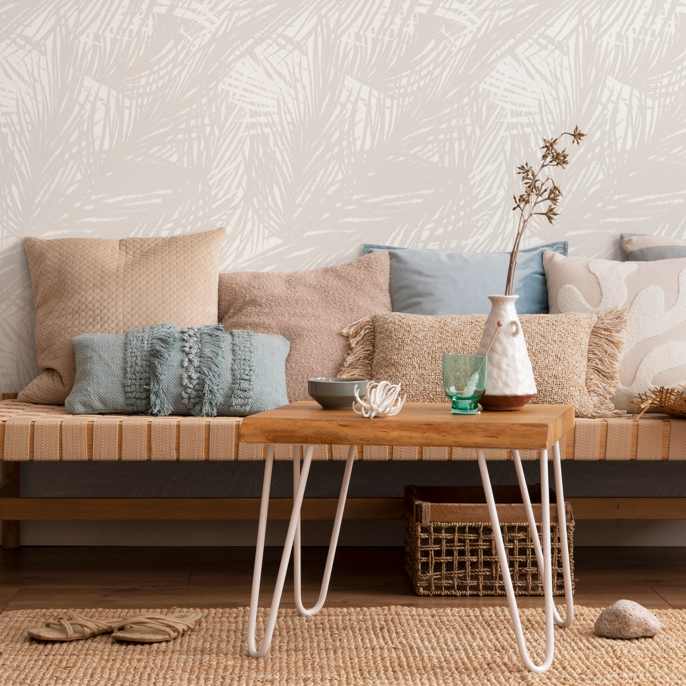 Botanical Wallpaper With A Subtle Palm Leaf Motif In Beige And Cream - C652