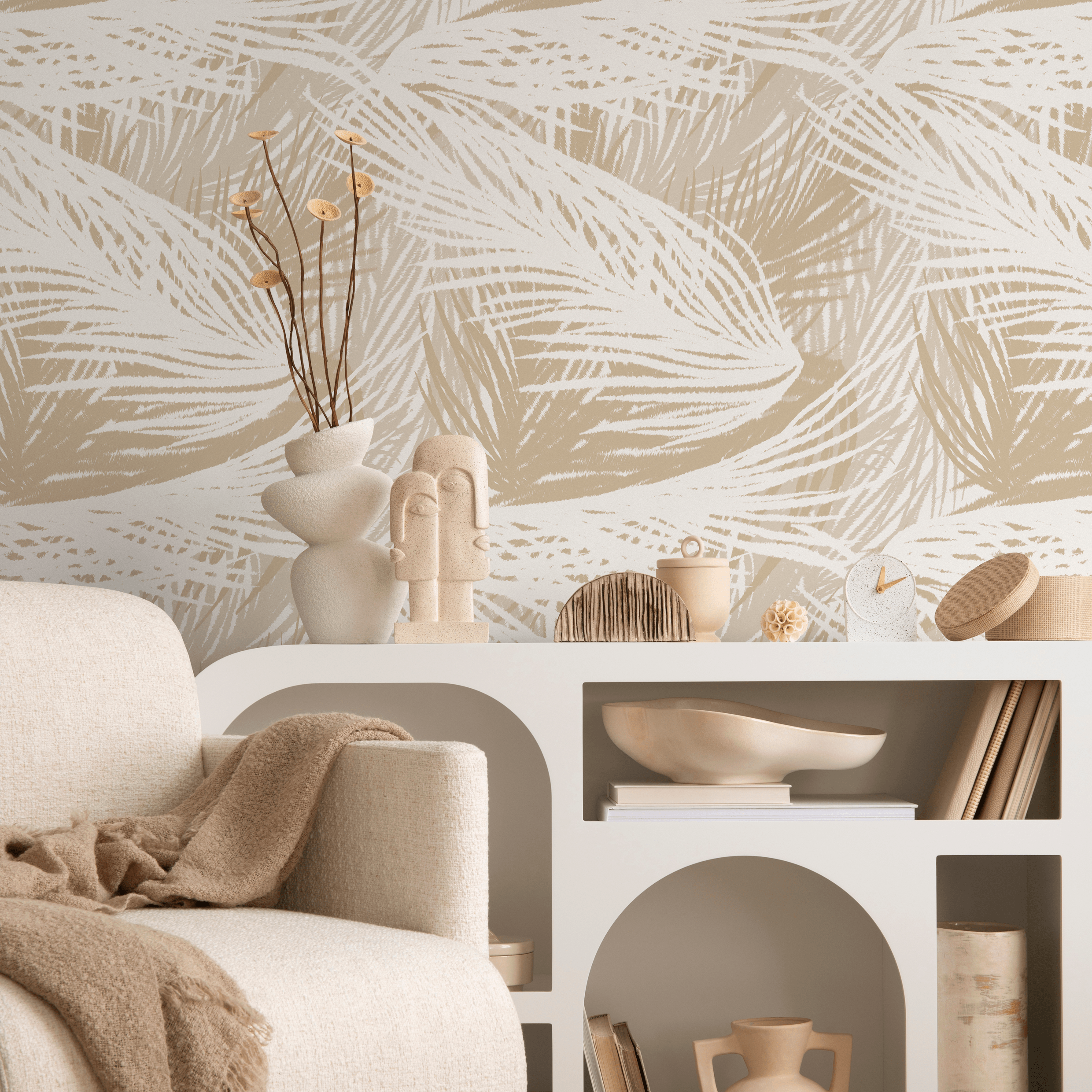 Tropical Wallpaper With A Boho Palm Leaf Motif In Beige And Cream - C653