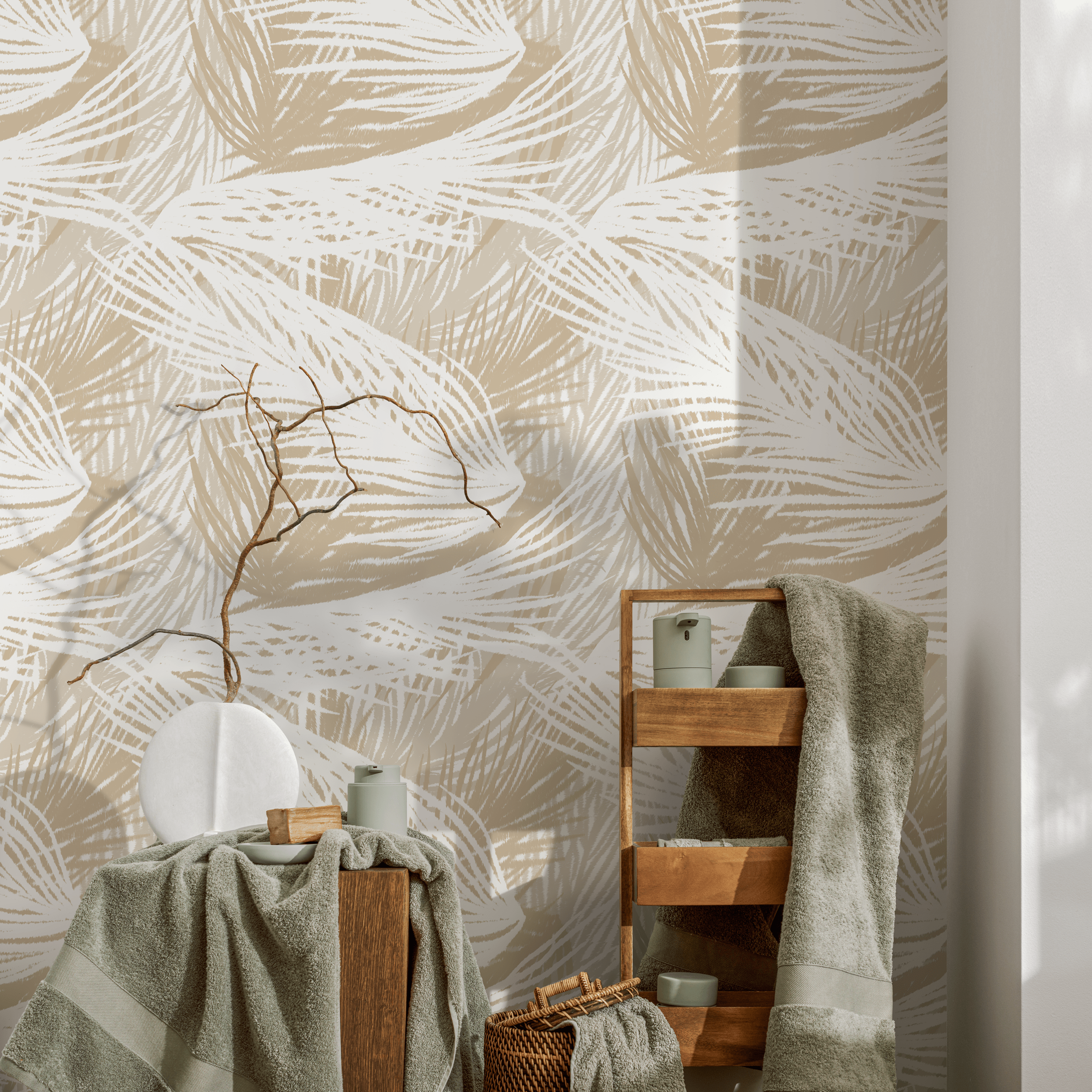 Tropical Wallpaper With A Boho Palm Leaf Motif In Beige And Cream - C653