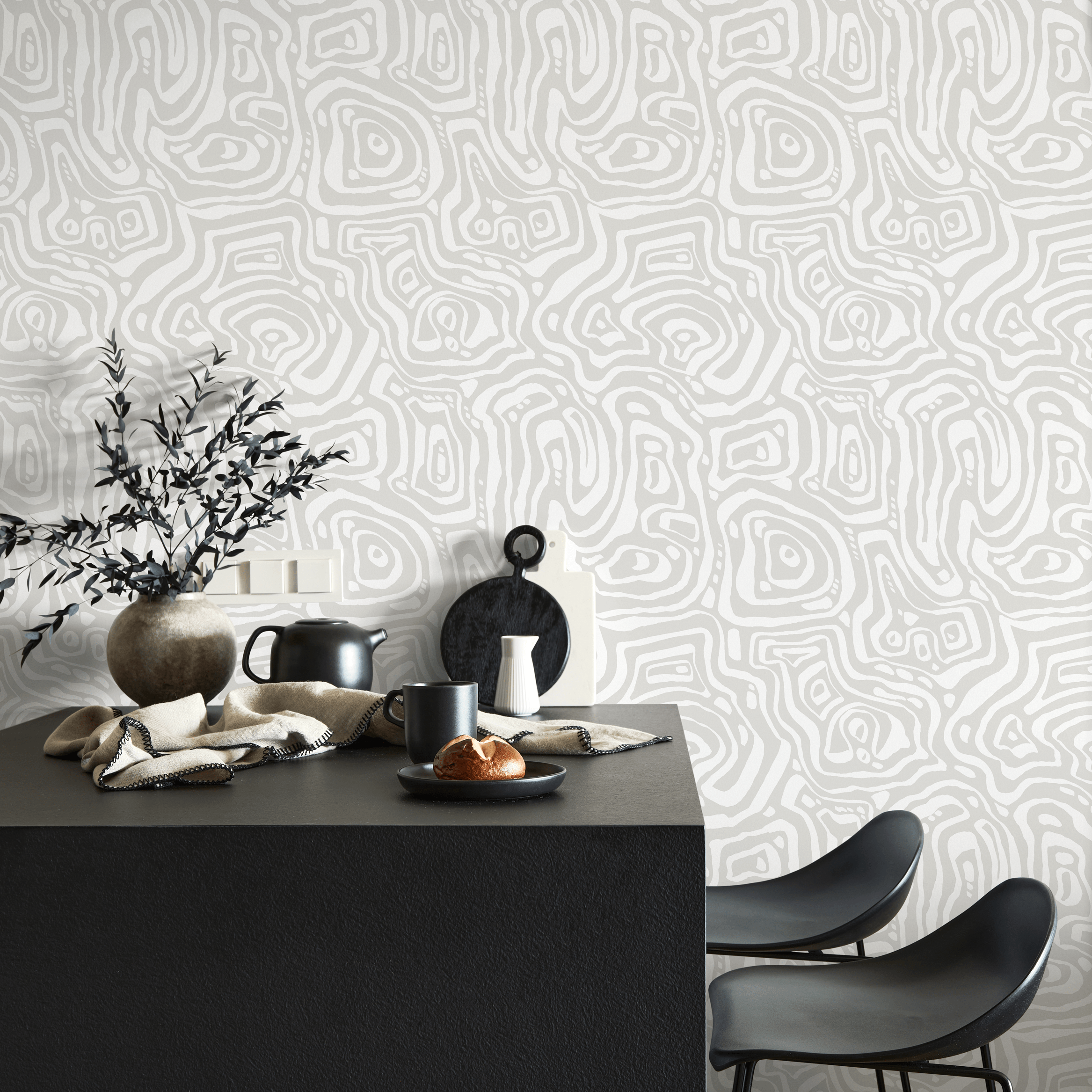 Abstract Wallpaper With Organic Contour Lines In Gray And White - C655