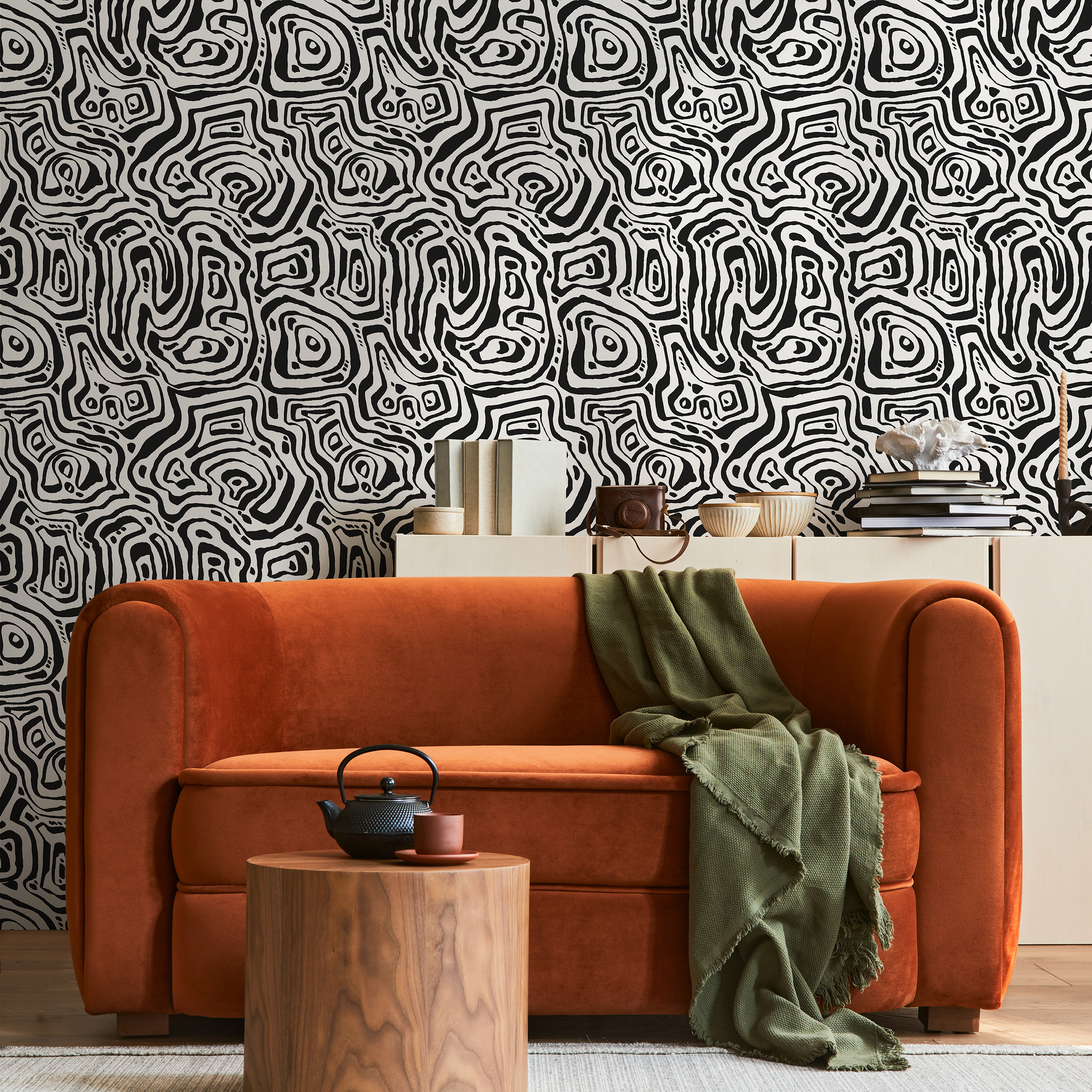 Abstract Wallpaper With Bold Labyrinth Lines In Black And White - C656