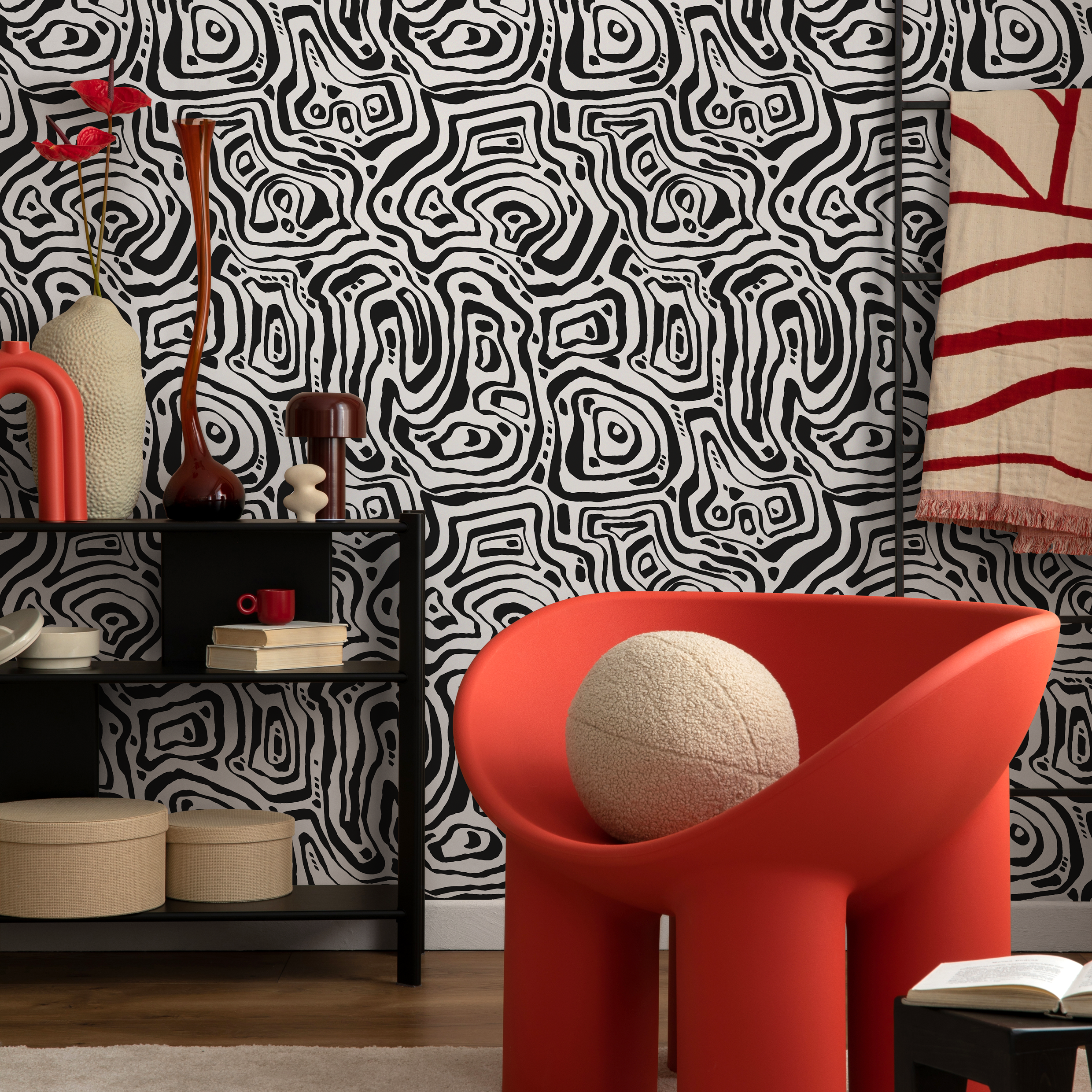 Abstract Wallpaper With Bold Labyrinth Lines In Black And White - C656