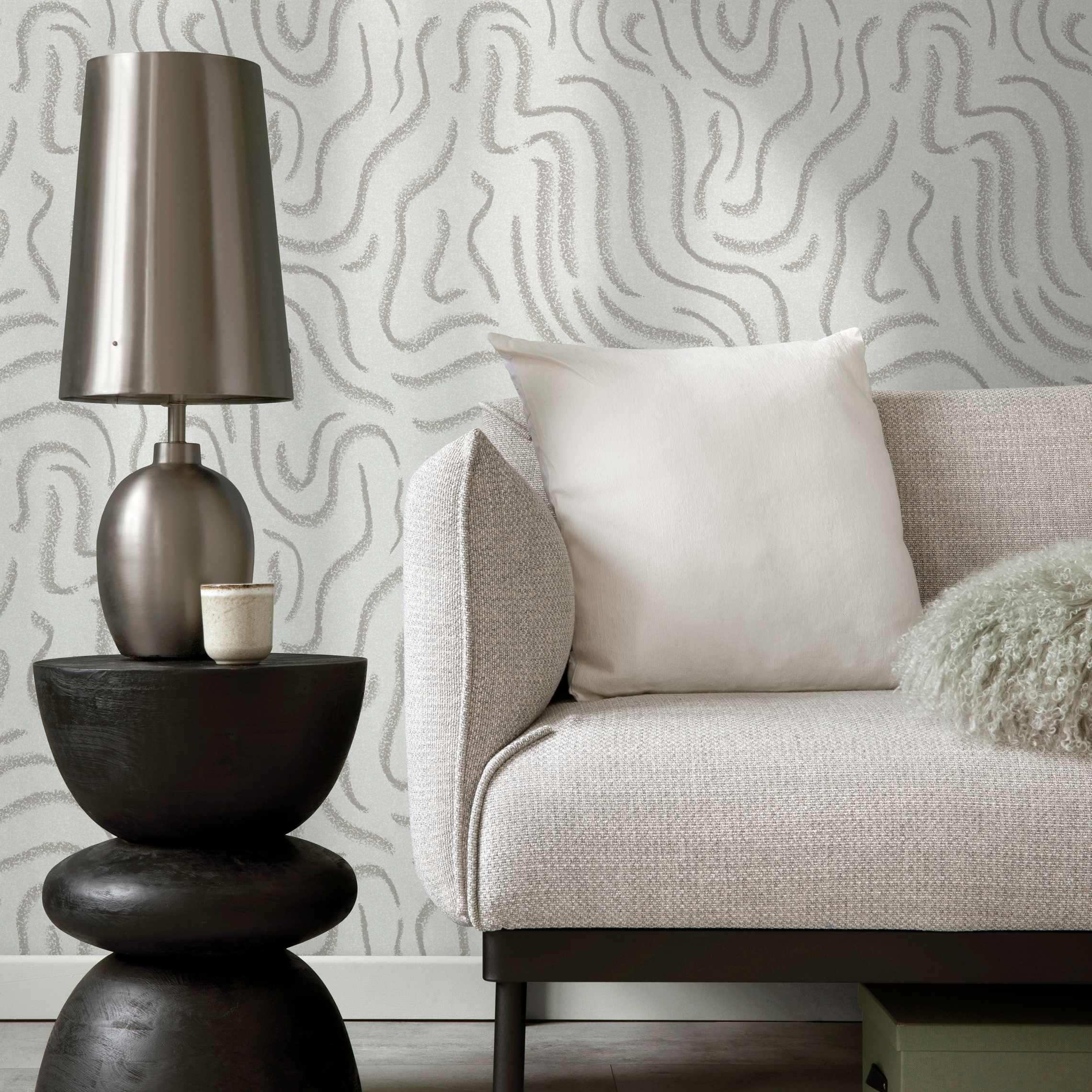 Abstract Wallpaper With Wavy Textured Lines In Gray And Taupe - C657