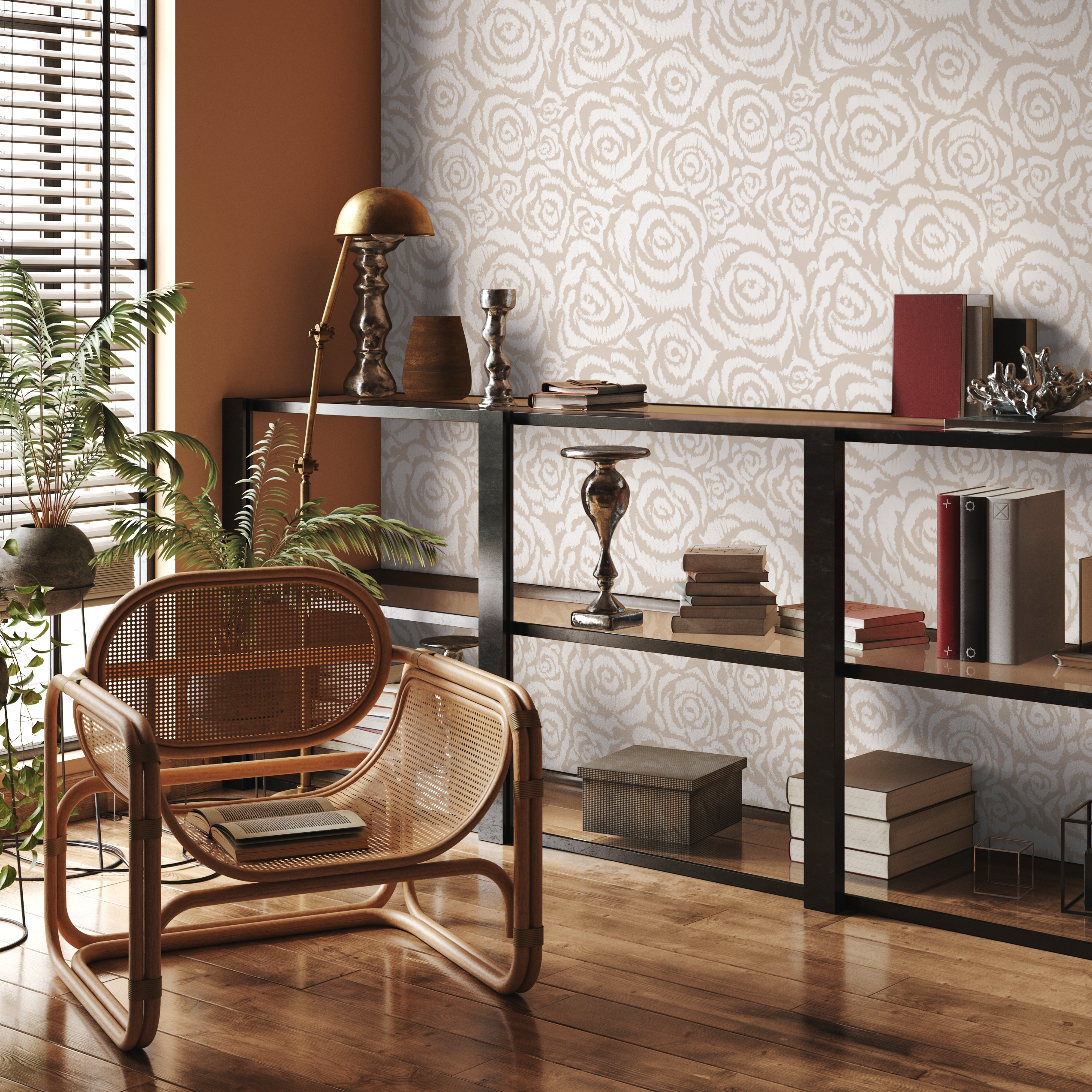 Floral Wallpaper With A Stylized Rose Motif In Beige And Cream - C659