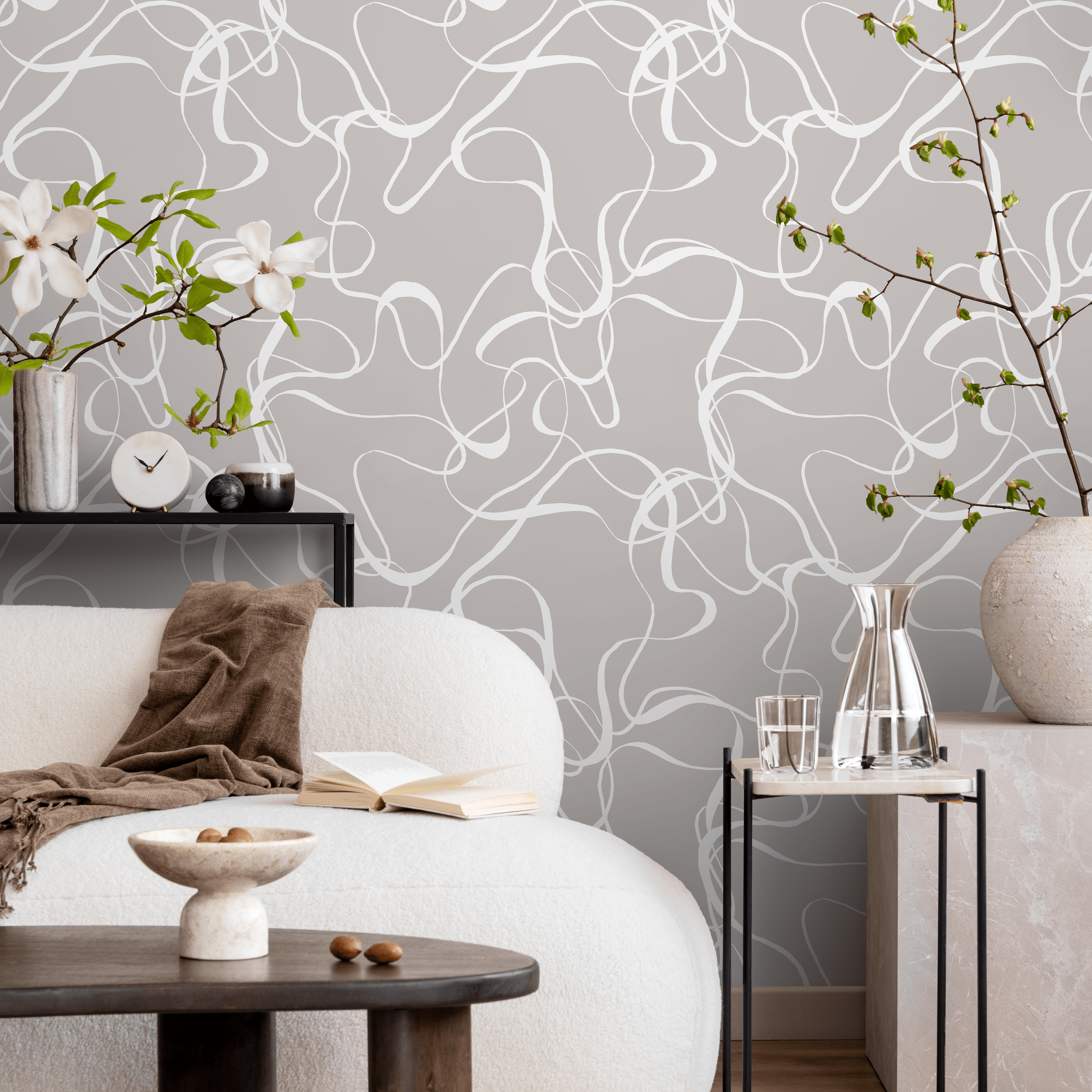 Abstract Wallpaper With Flowing Ribbon Lines In Gray And White - C661