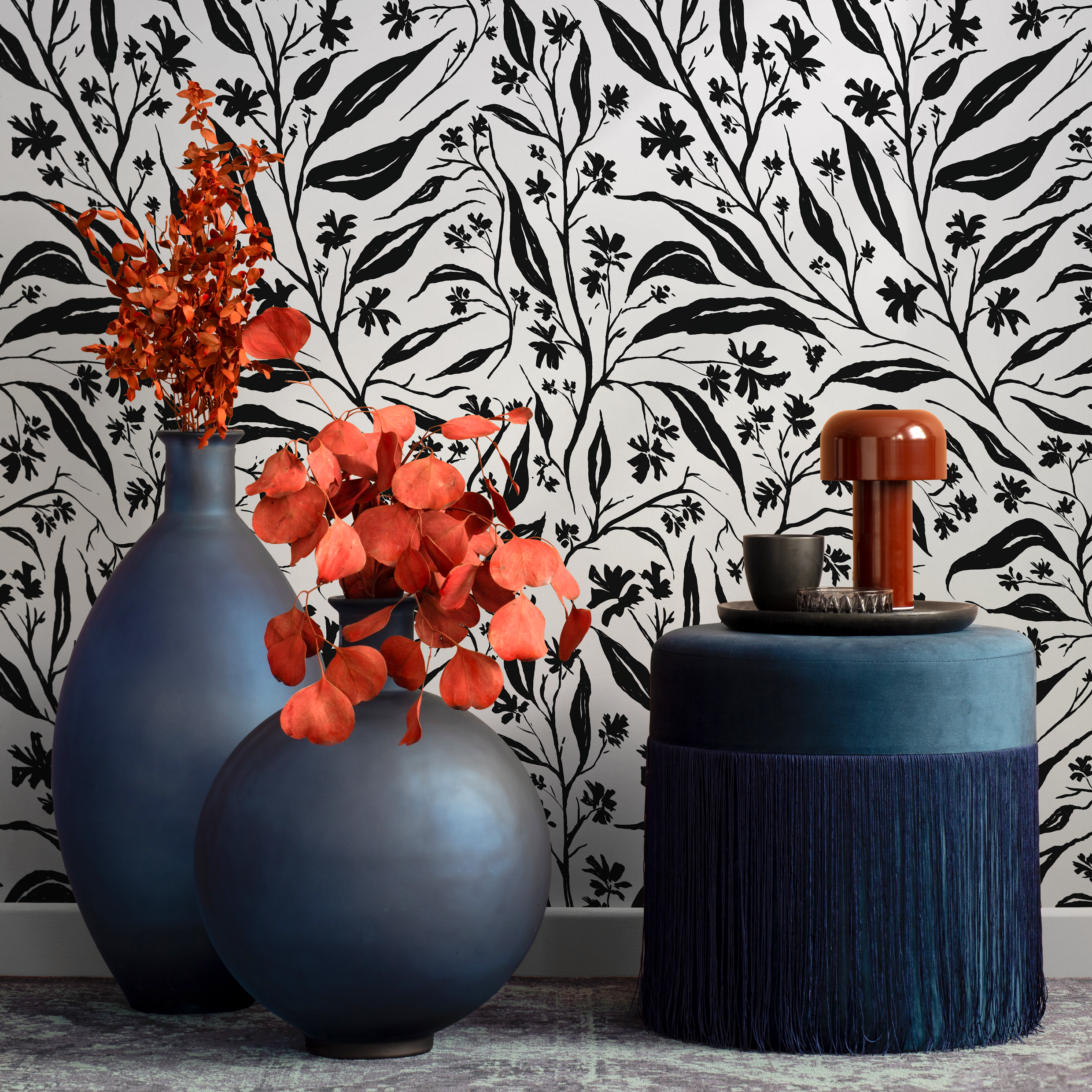 Tropical Wallpaper With Wildflower Vines In Black And Gray - C663