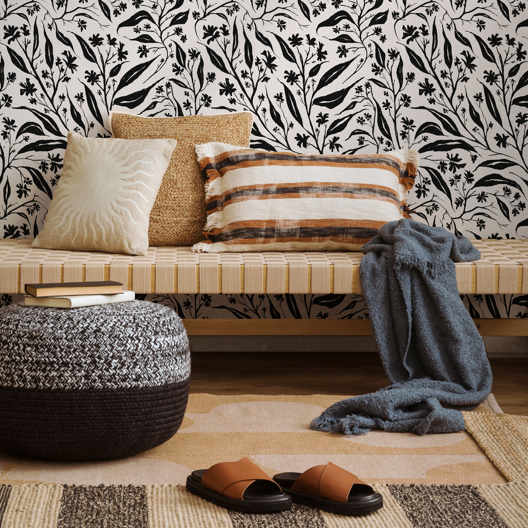 Tropical Wallpaper With Wildflower Vines In Black And Gray - C663