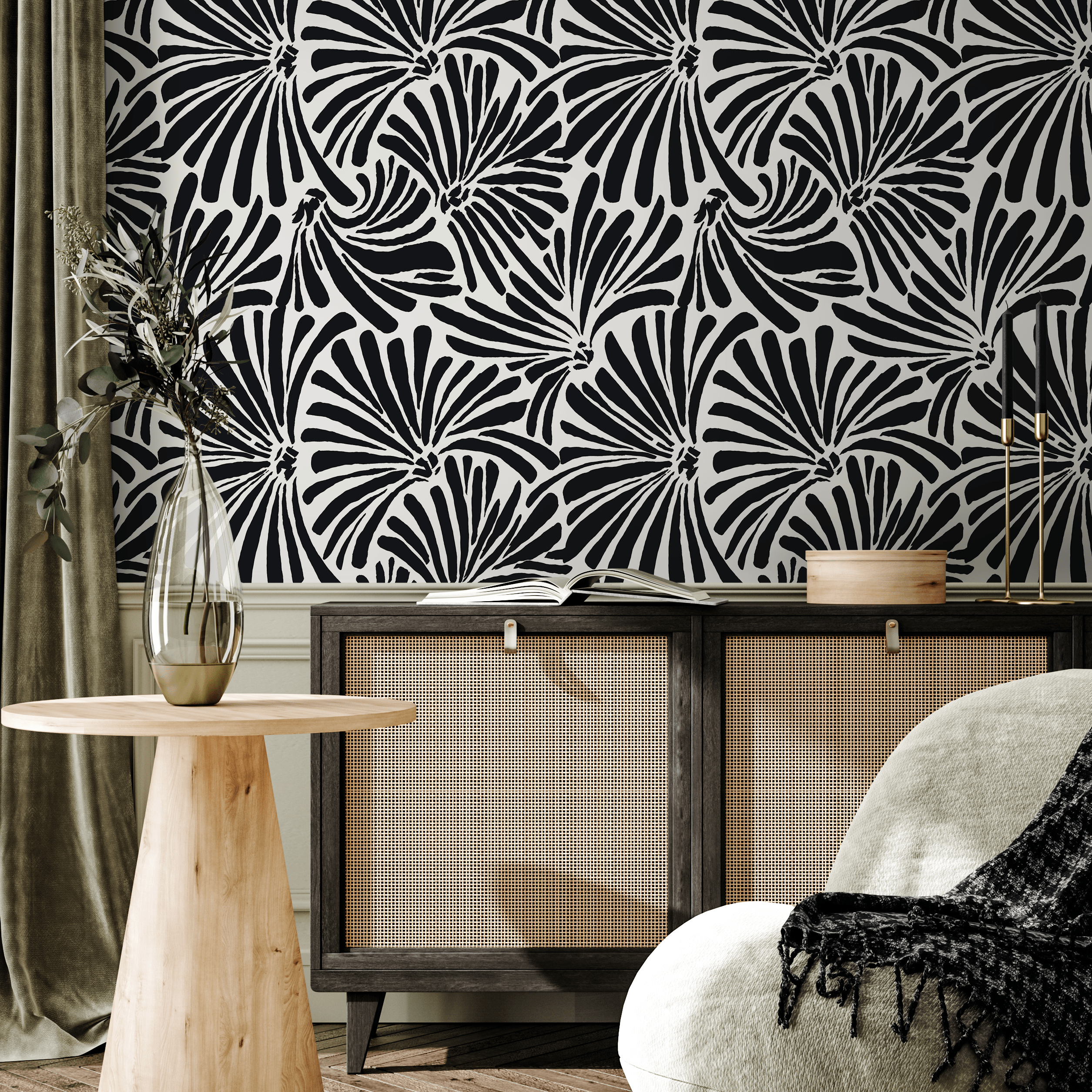 Botanical Wallpaper With A Bold Fan Palm Motif In Black And Beige - C667