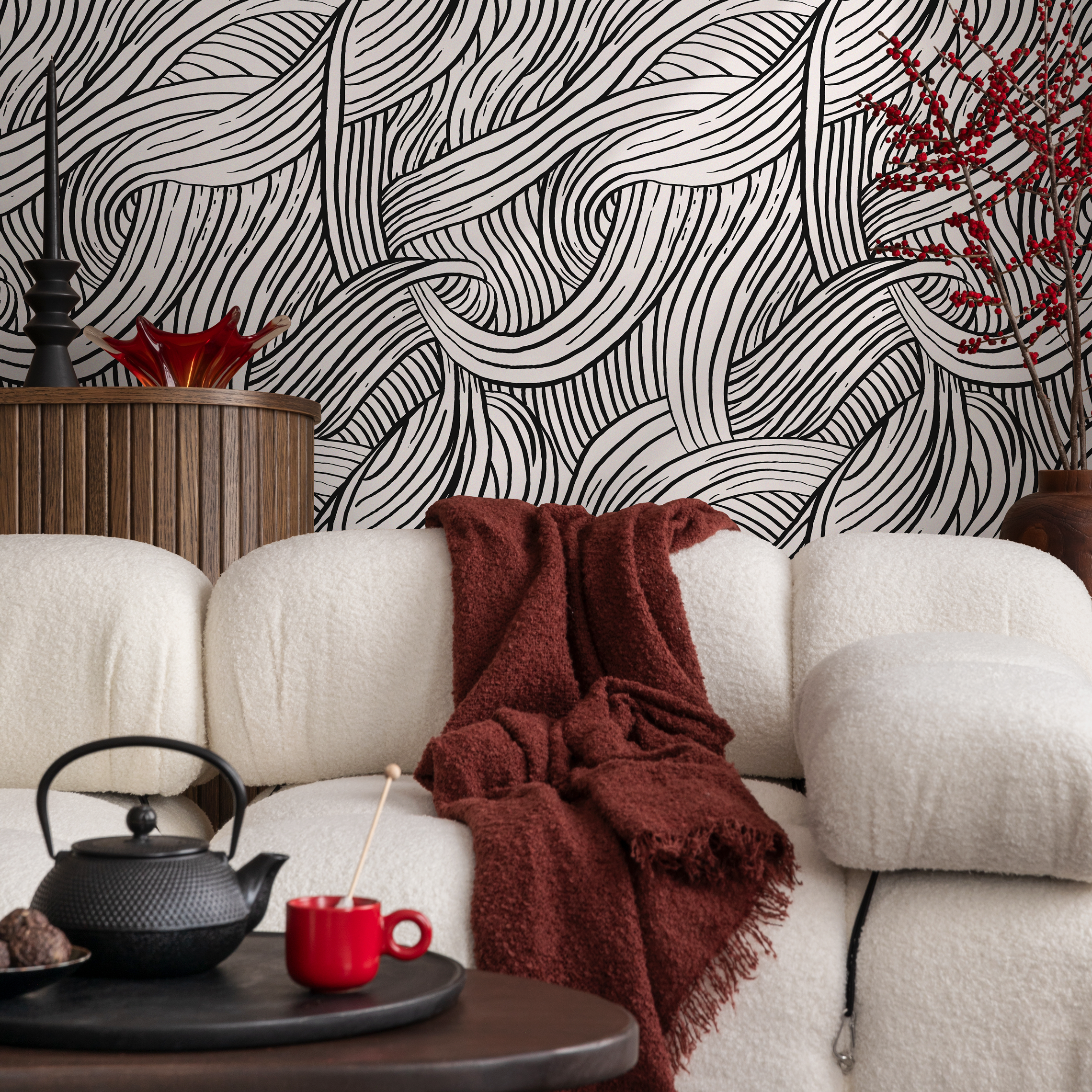 Abstract Wallpaper With An Organic Wave Motif In Black And White - C668