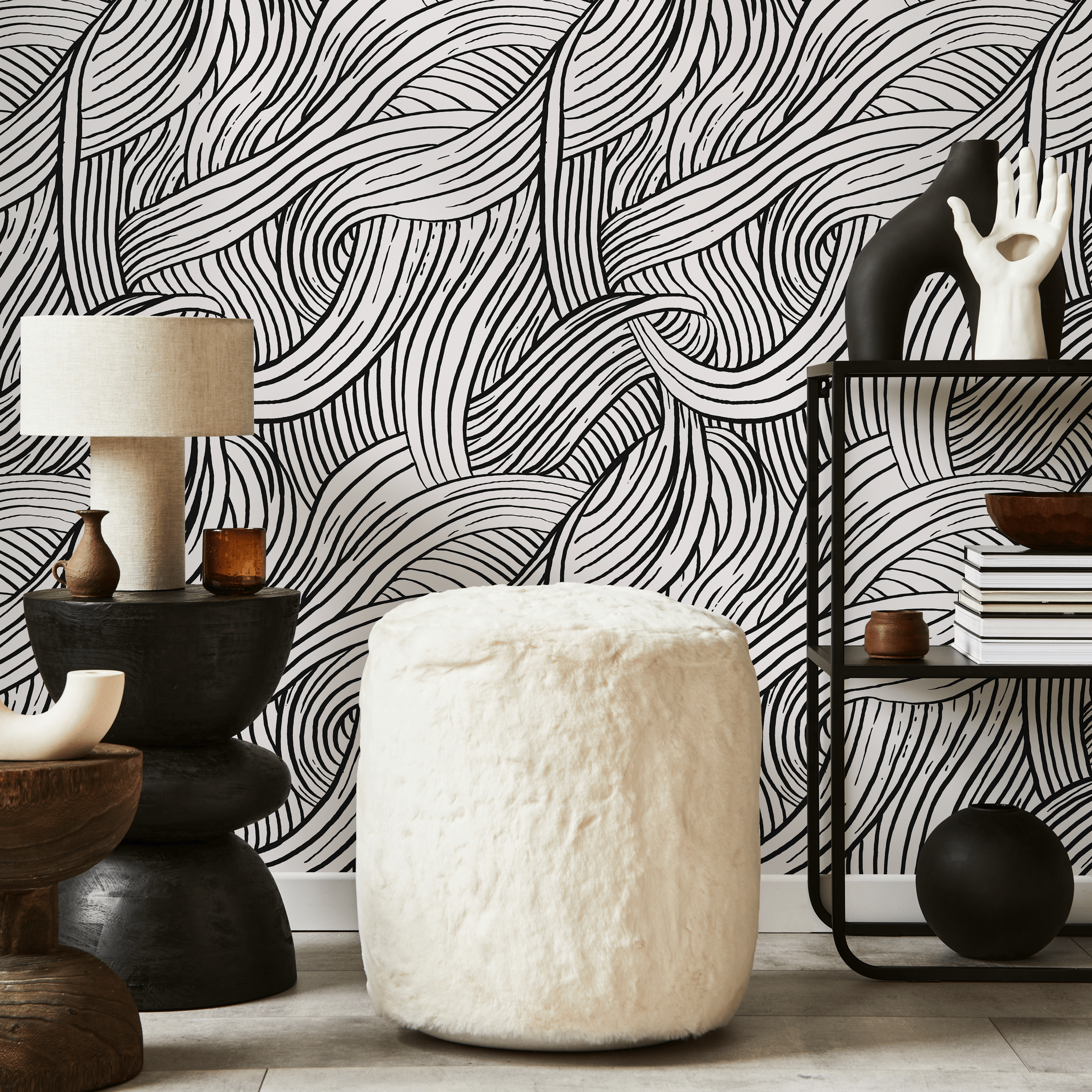 Abstract Wallpaper With An Organic Wave Motif In Black And White - C668