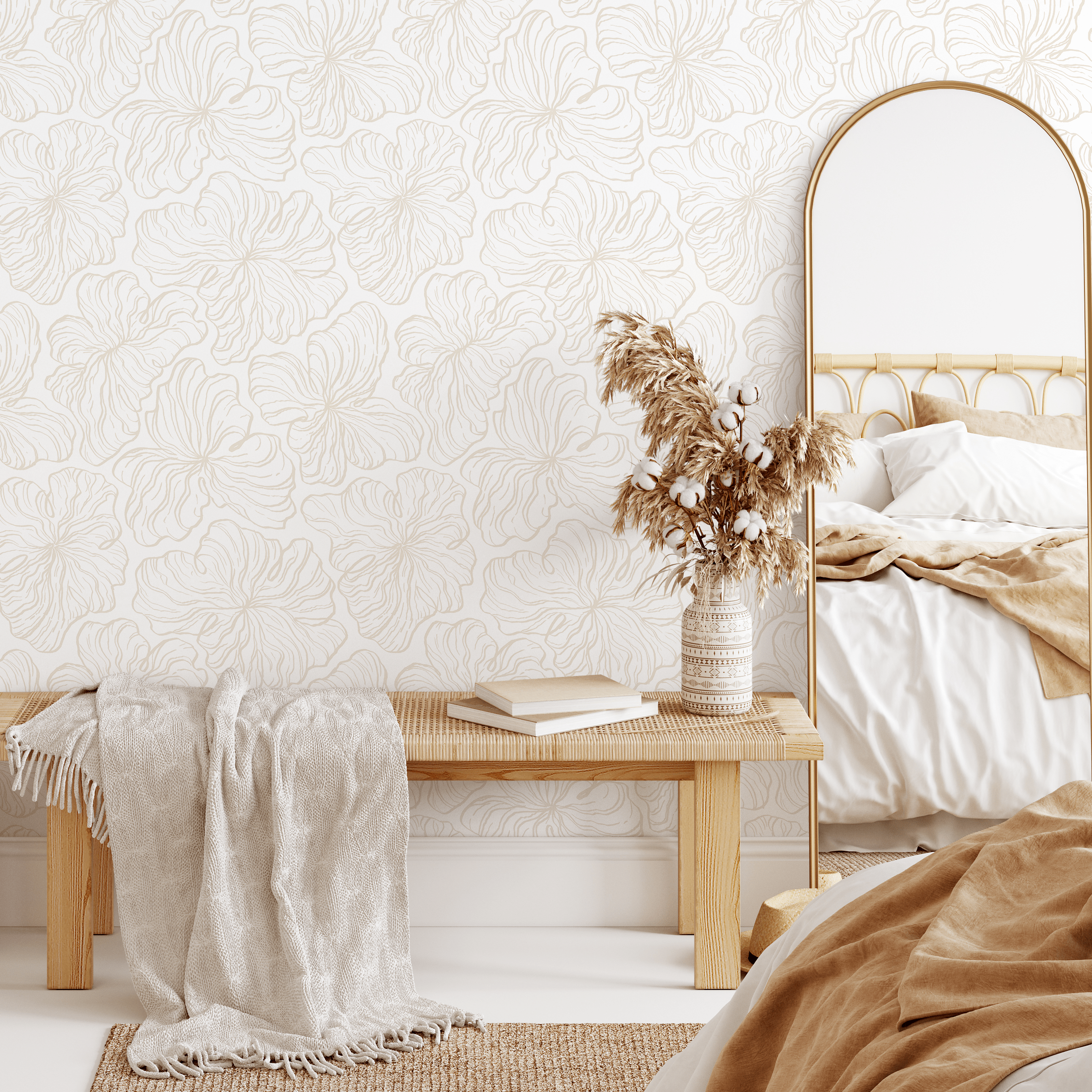 Floral Wallpaper With Delicate Stylized Blooms In Beige And Cream - C669