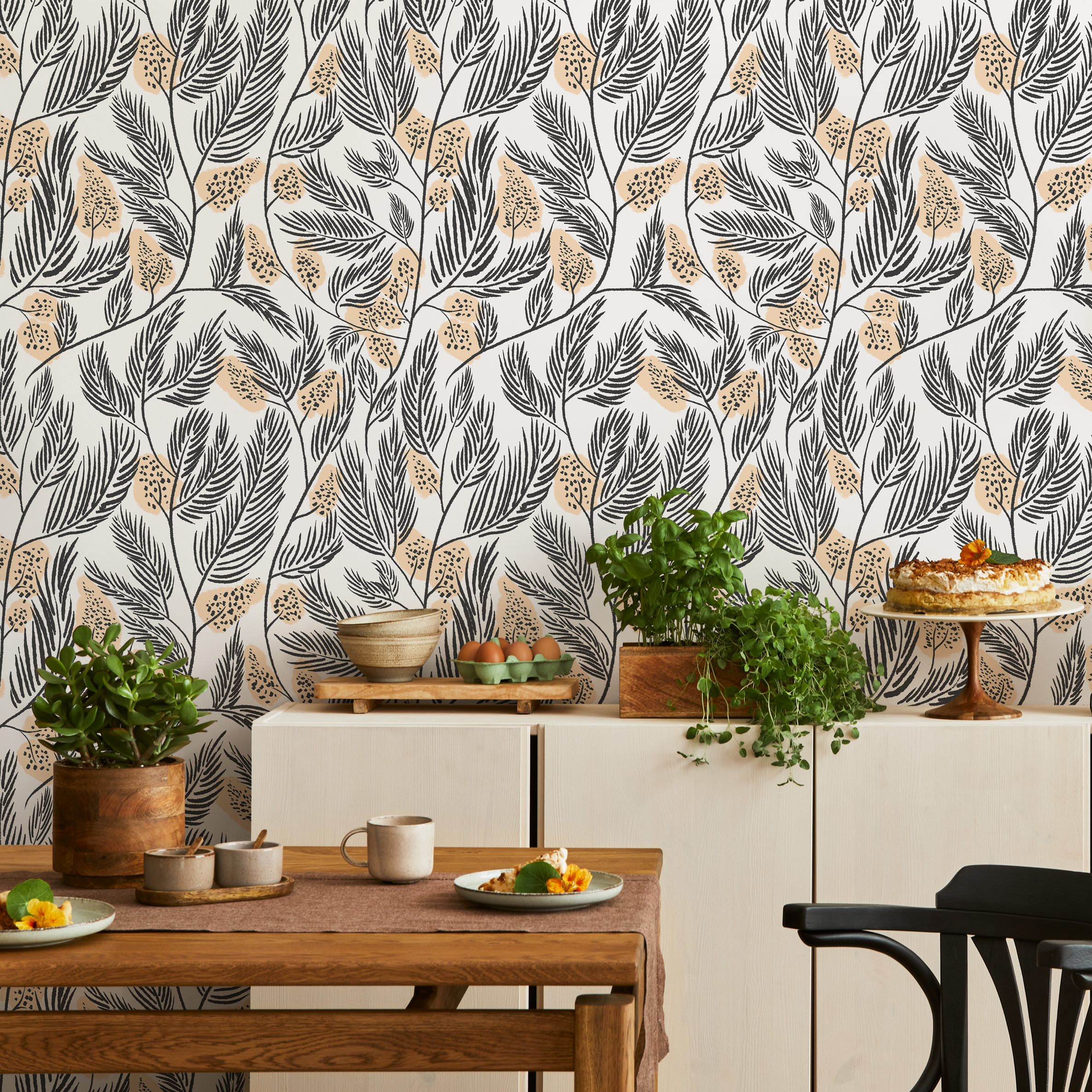 Botanical Wallpaper Featuring Stylized Fern Fronds In Black And Peach - C670