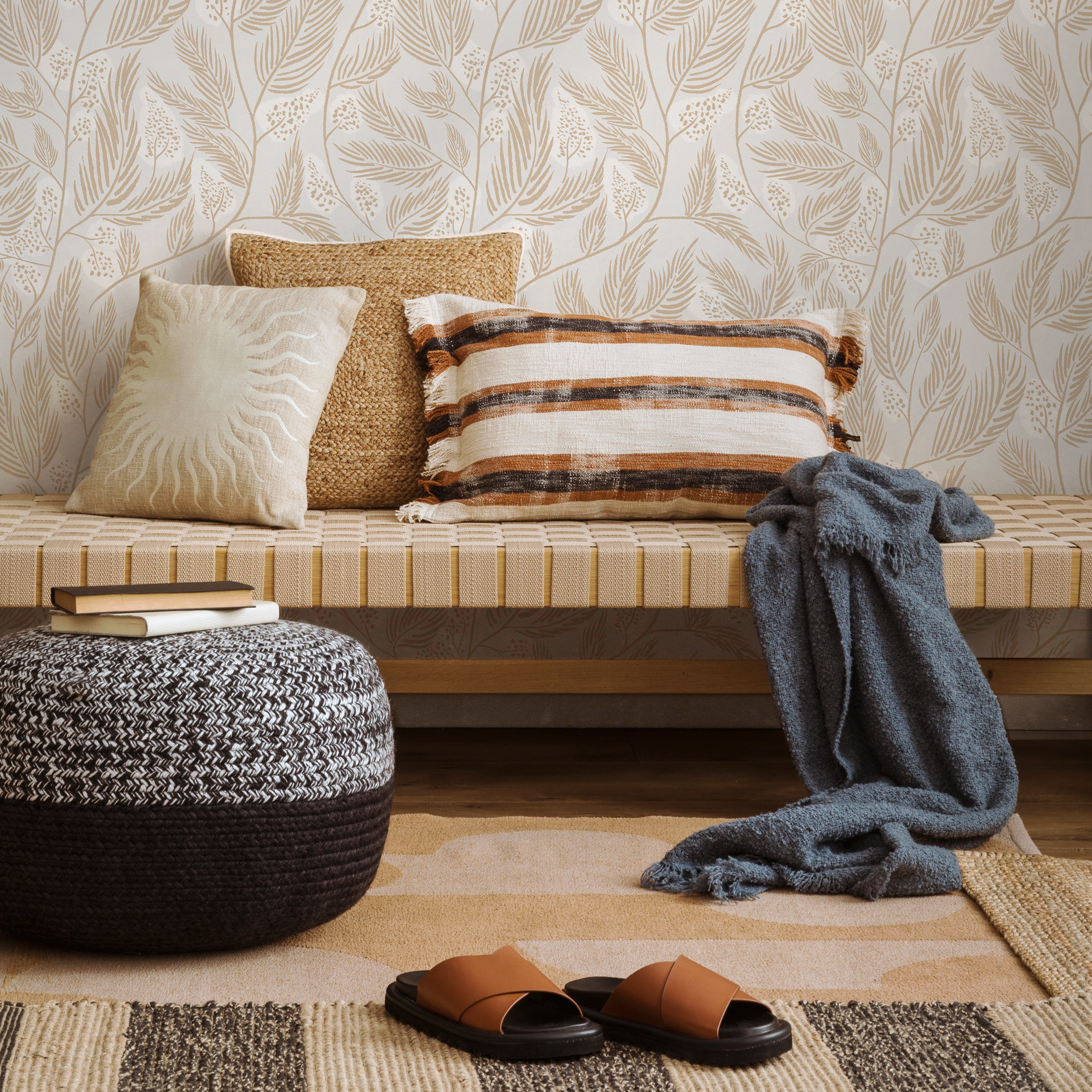 Botanical Wallpaper With Delicate Leafy Branches In Beige - C671