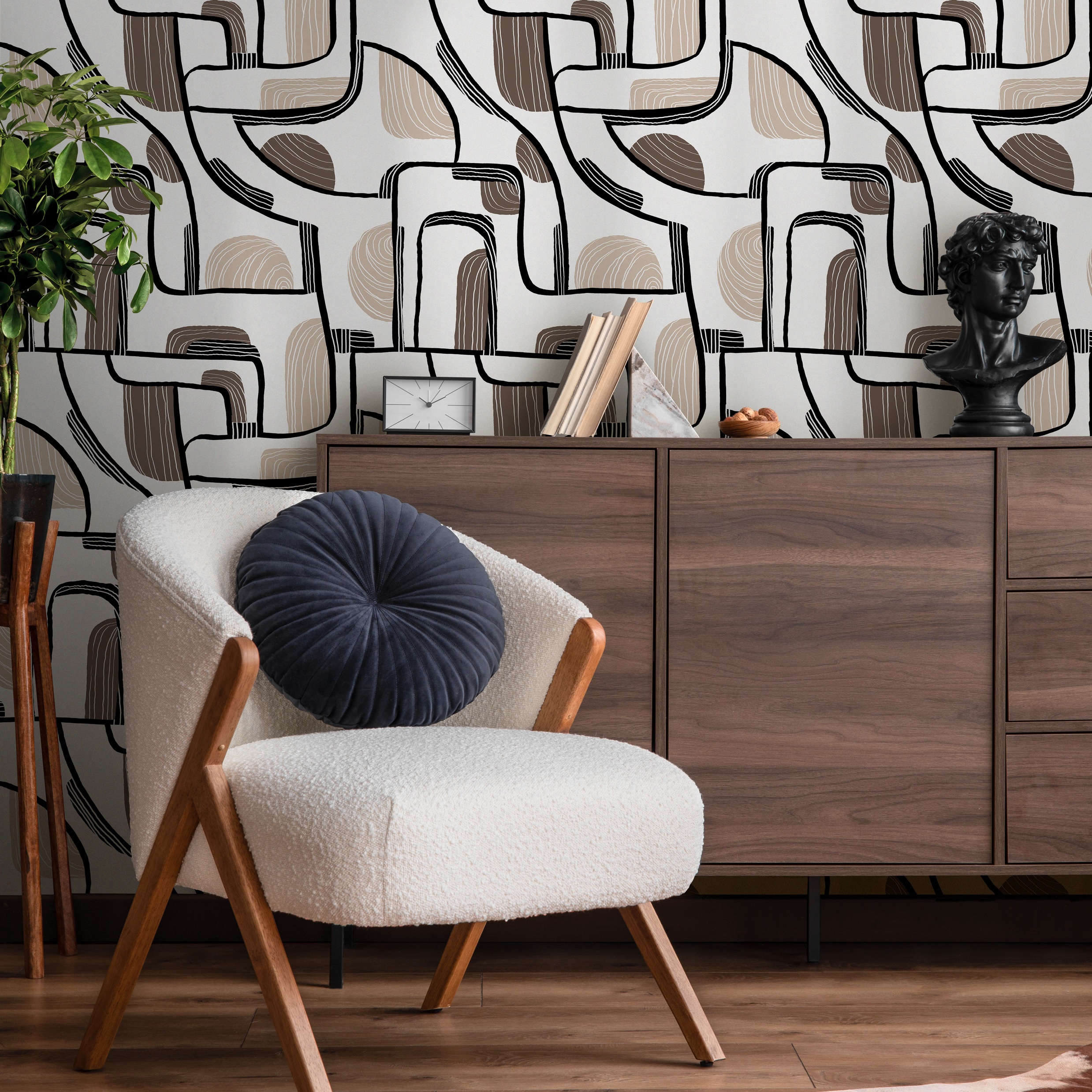 Abstract Wallpaper With Mid-century Lines And Shapes In Black, Brown, And Beige - C673