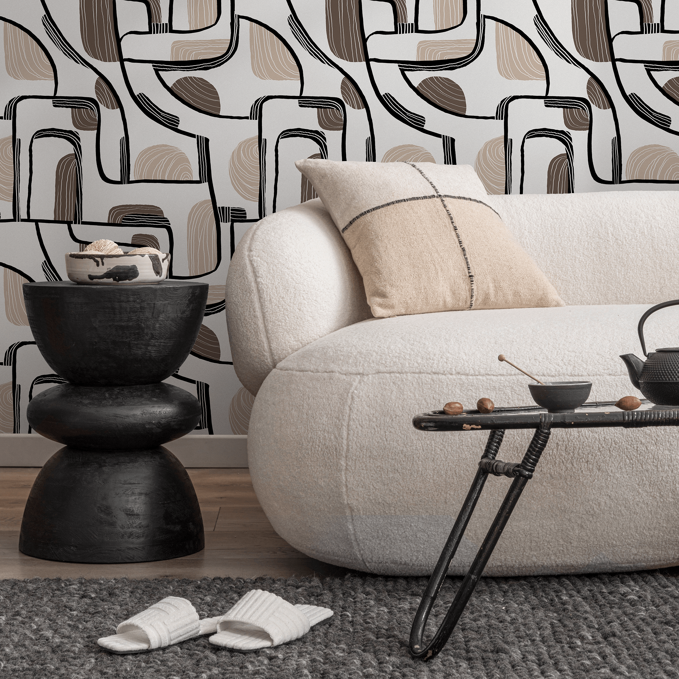 Abstract Wallpaper With Mid-century Lines And Shapes In Black, Brown, And Beige - C673