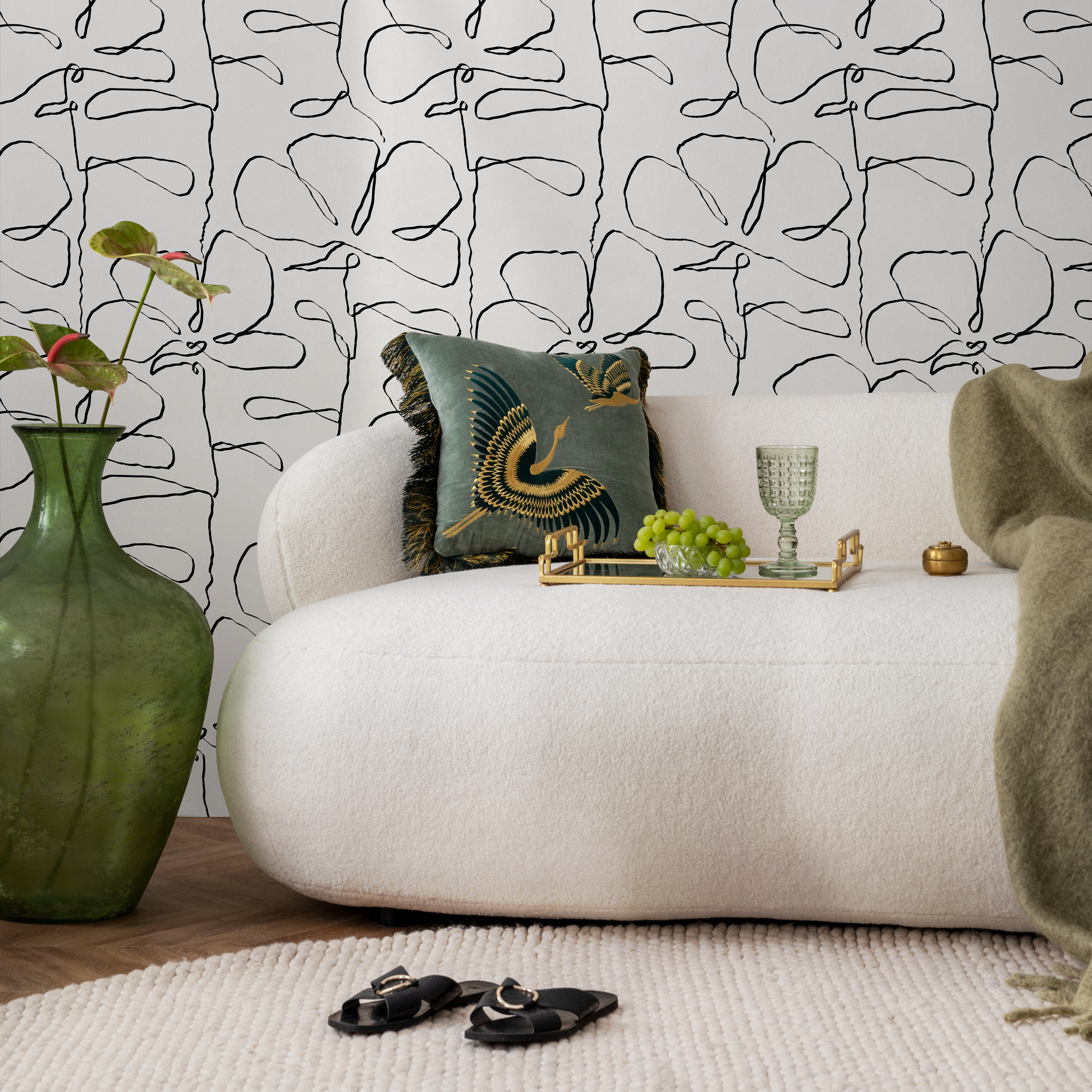 Floral Wallpaper With Hand-drawn Floral Outlines In Black And White - C674