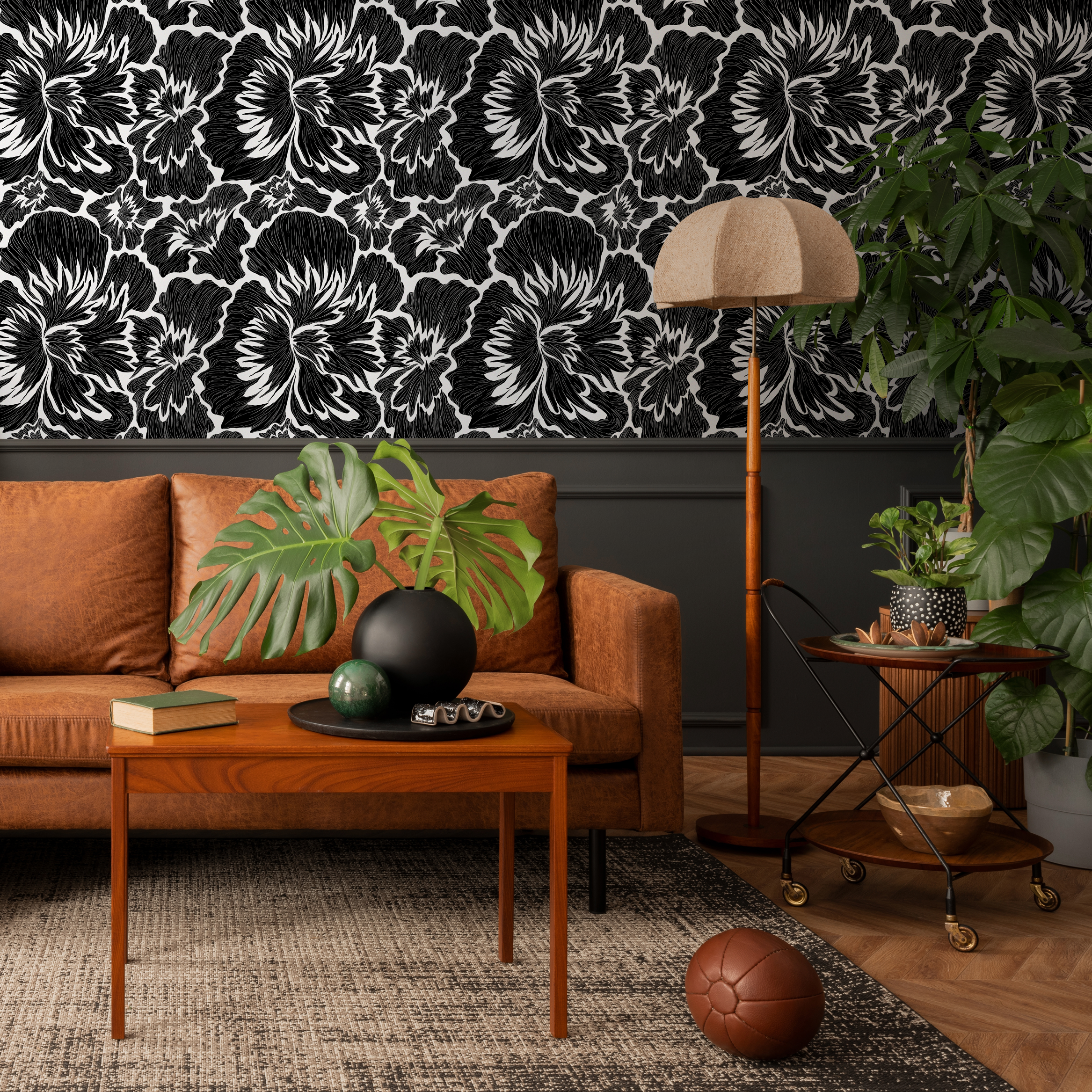 Floral Wallpaper With Bold Abstract Blooms In Black And White - C677
