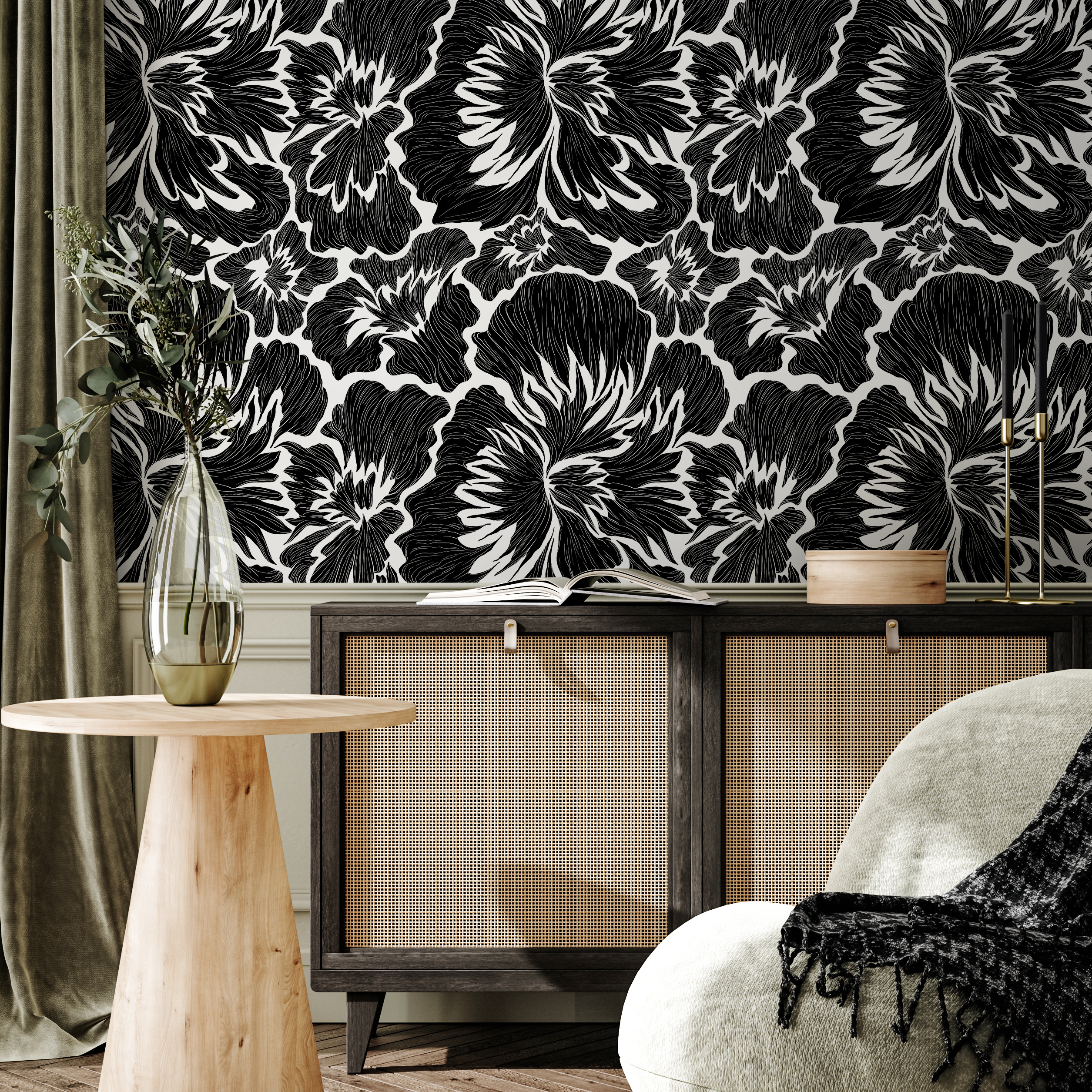 Floral Wallpaper With Bold Abstract Blooms In Black And White - C677