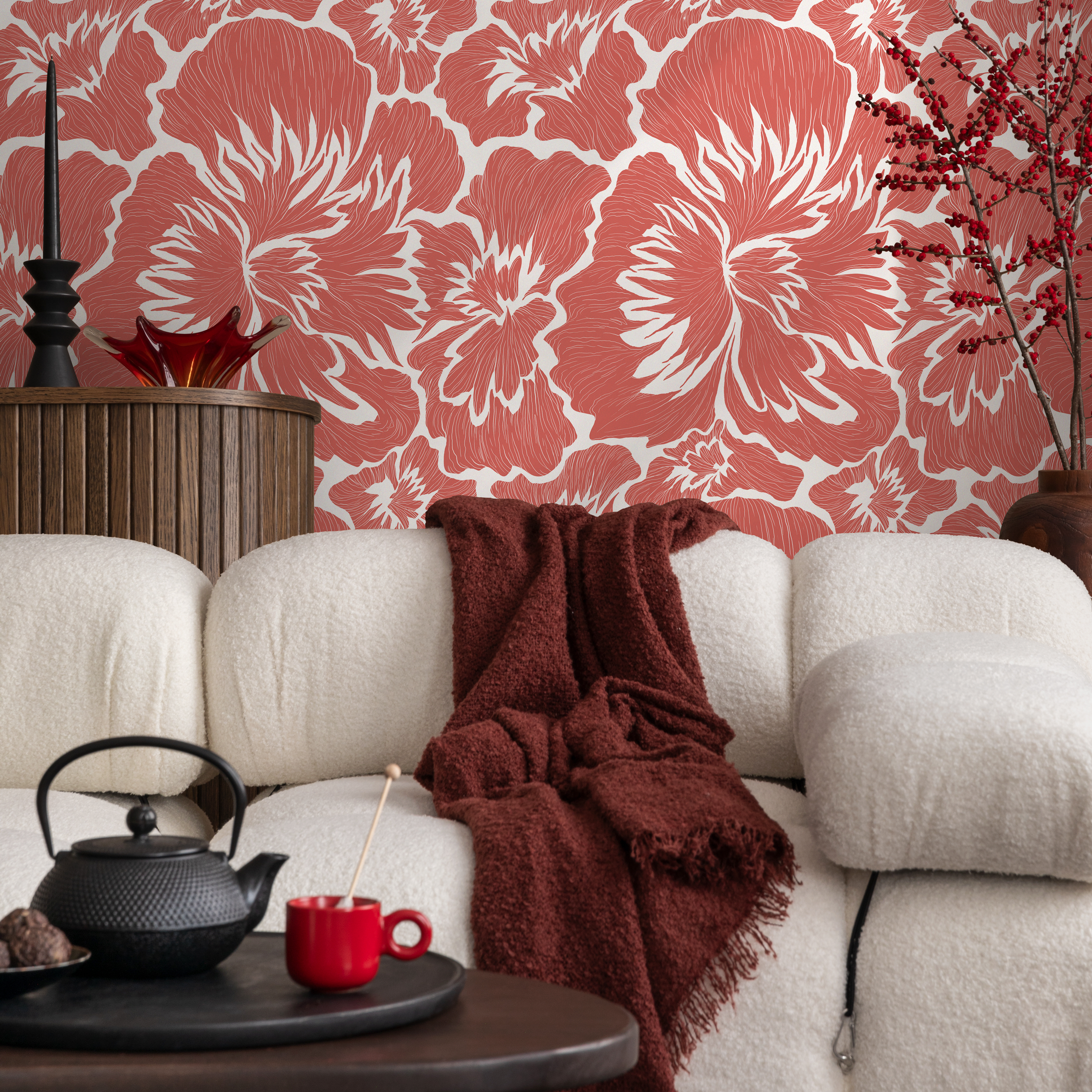 Floral Wallpaper With A Bold Hibiscus Motif In Coral - C678