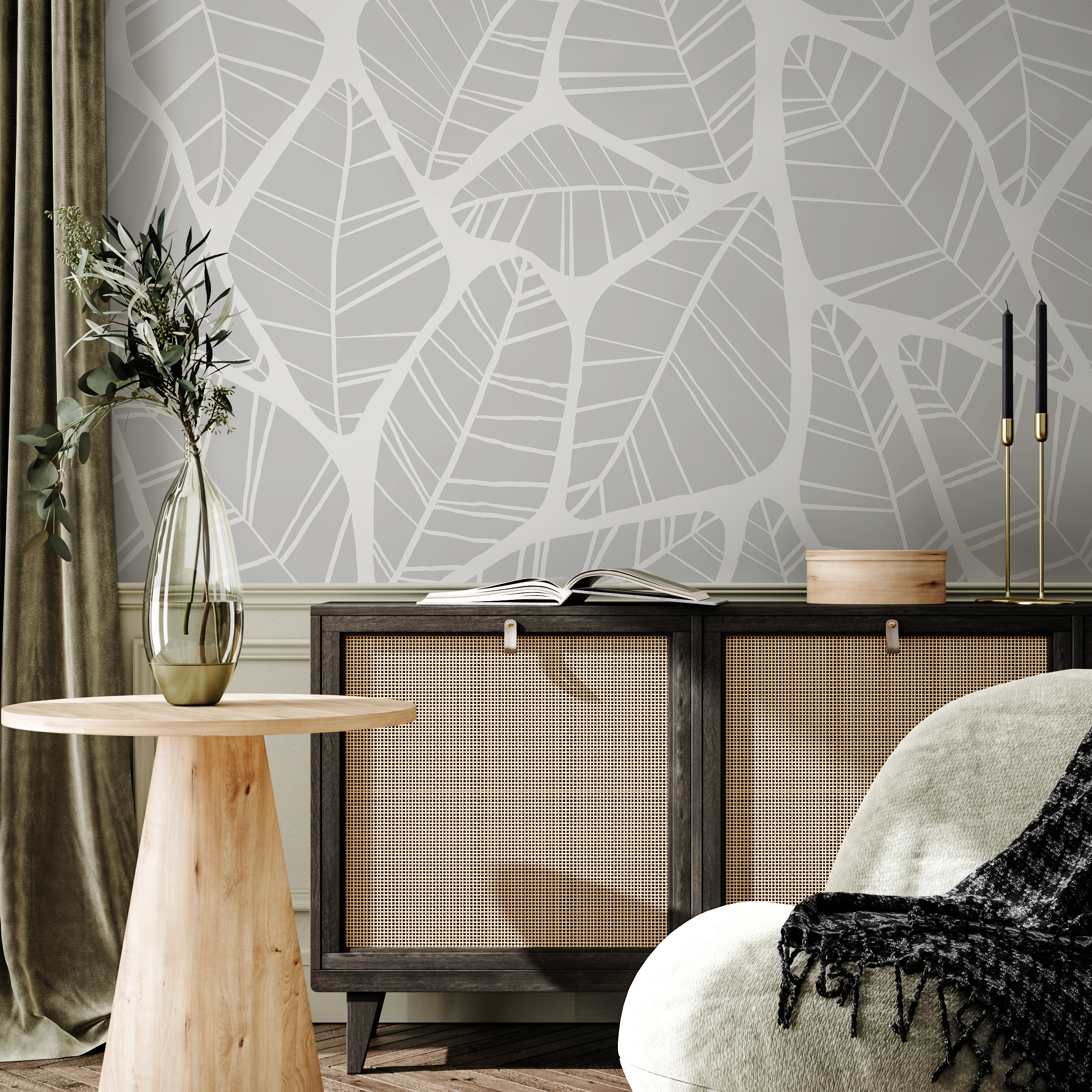 Leaf Wallpaper With A Minimalist Outline Motif In Gray And White - C679