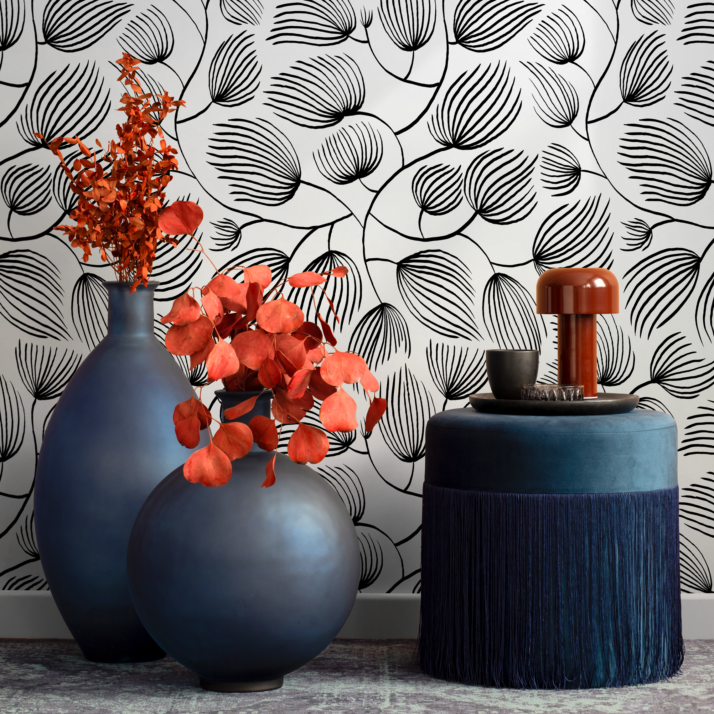 Botanical Wallpaper With A Flowing Line Art Leaf Motif In Black And White - C680