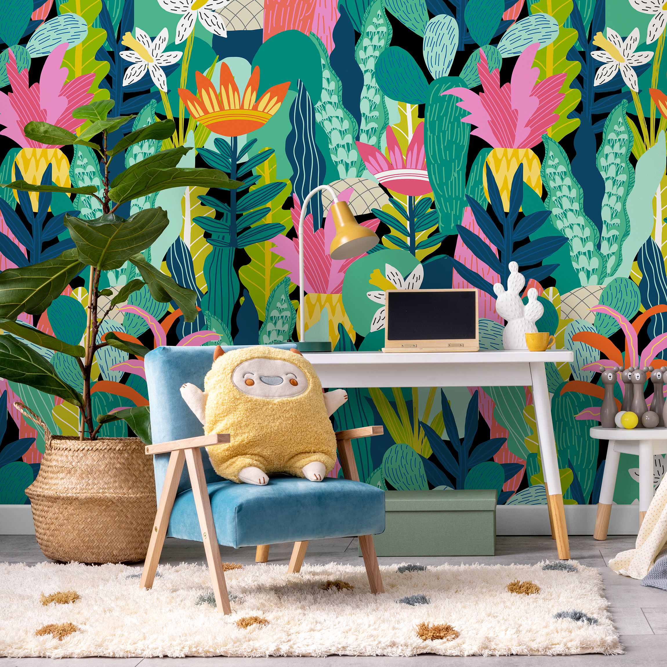 Botanical Wallpaper With A Stylized Jungle Motif In Pink, Green, And Orange - C687